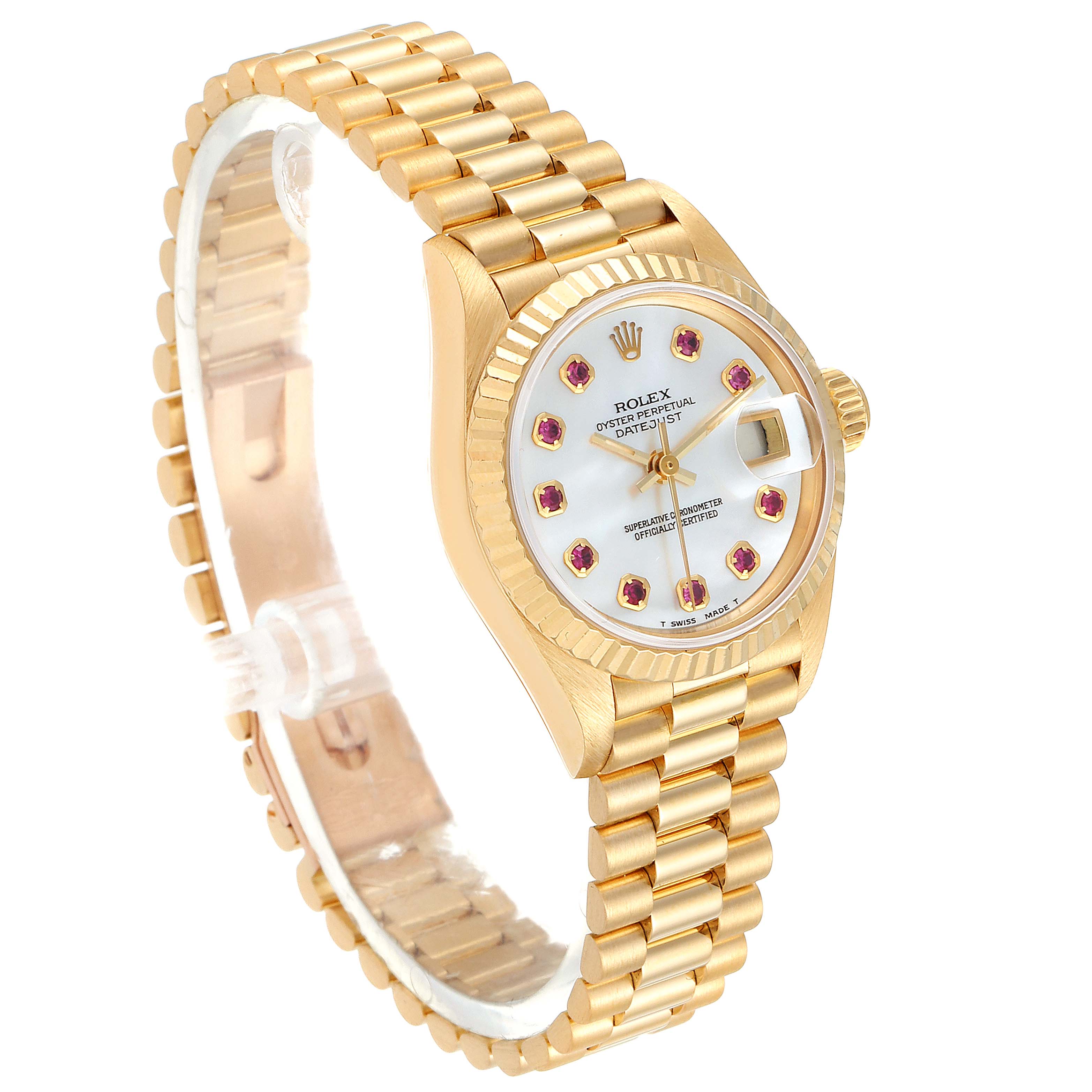 The Rolex President 69178 Women
s Yellow Gold Mother of Pearl Dial 69178 Women
s Yellow Gold Mother of Pearl Dial model watch is shown at an angle displaying the face, bezel, crown, and bracelet.