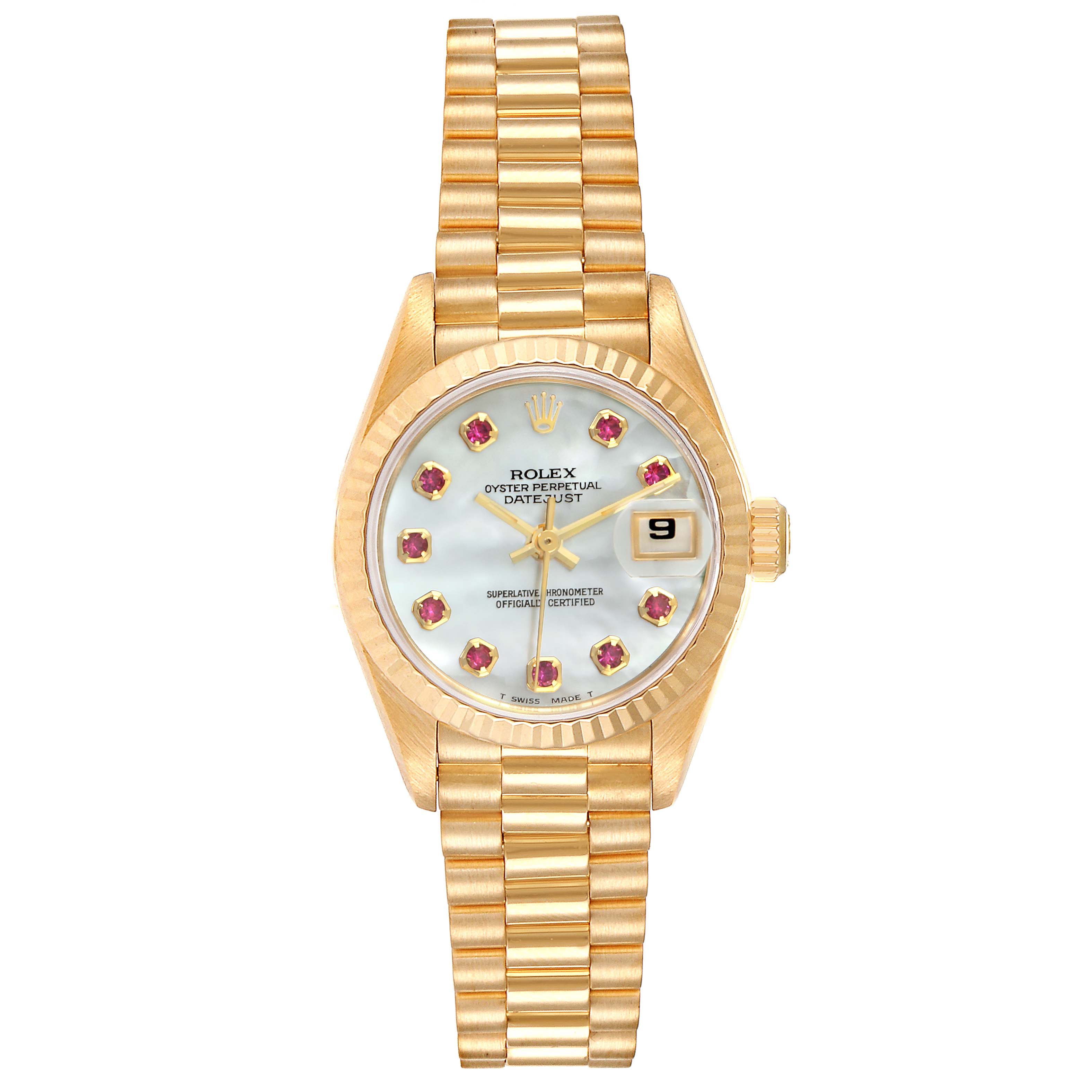 The image showcases the Rolex President 69178 Women
s Yellow Gold Mother of Pearl Dial 69178 Women
s Yellow Gold Mother of Pearl Dial model watch with a close-up front angle, displaying its dial, bracelet, and date window.