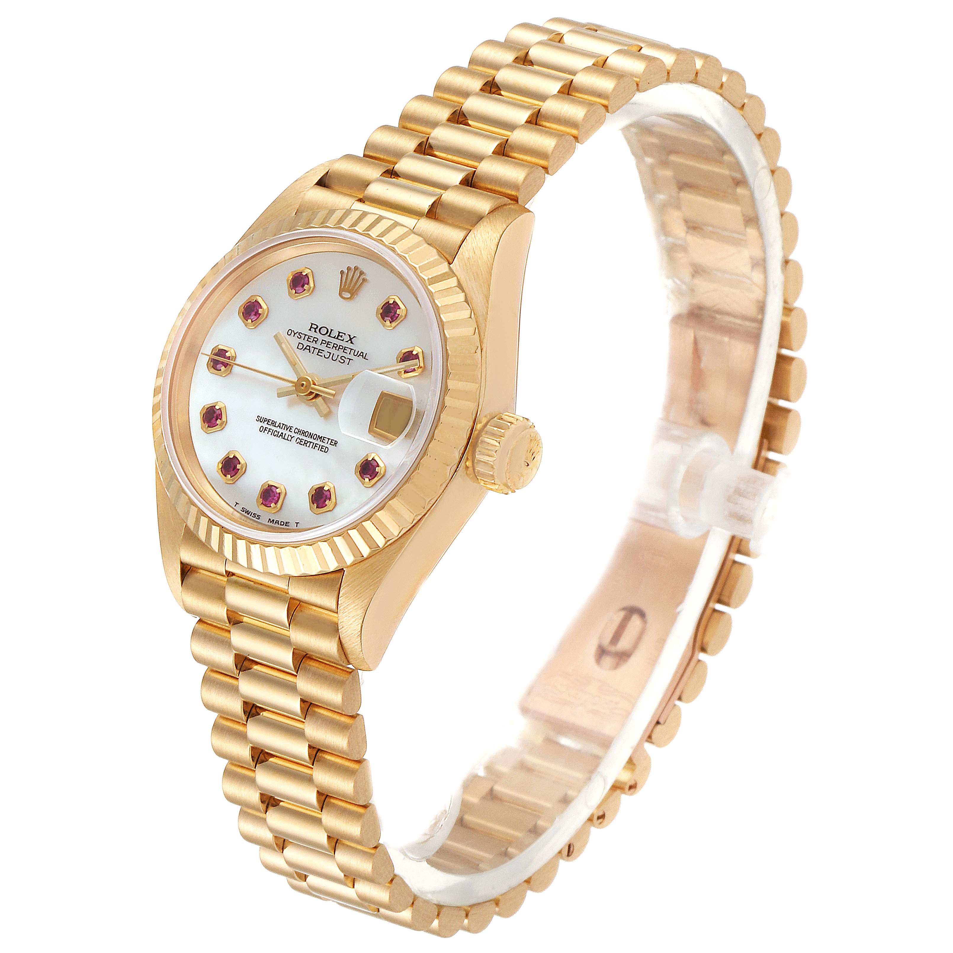This Rolex President 69178 Women
s Yellow Gold Mother of Pearl Dial 69178 Women
s Yellow Gold Mother of Pearl Dial model watch is shown at an angle displaying the face, bezel, crown, and bracelet.