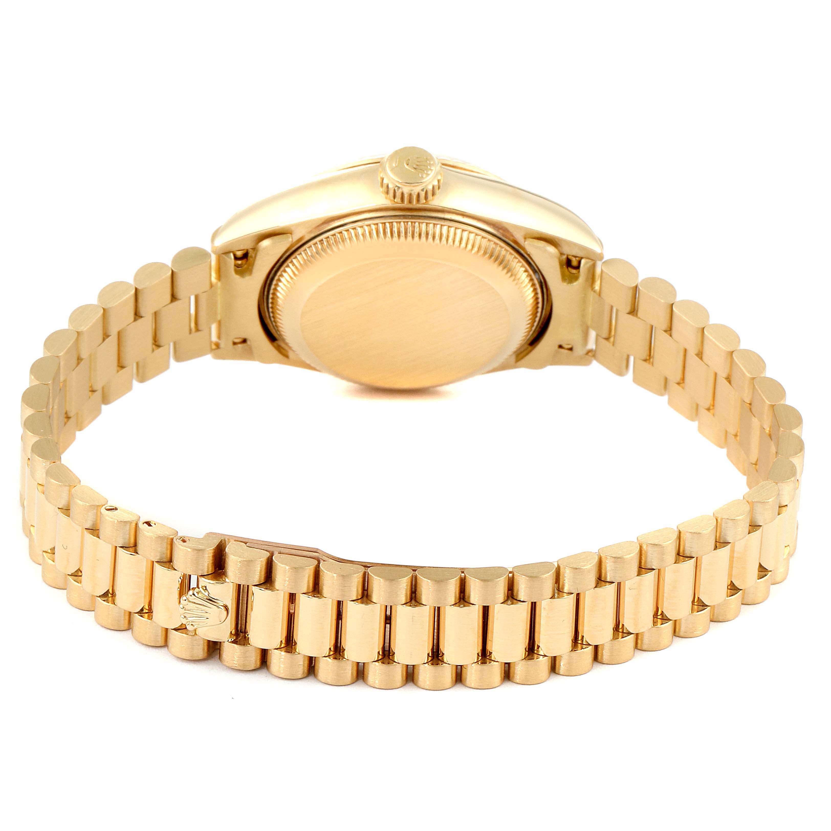 The image shows the back view of a Rolex President 69178 Women
s Yellow Gold Mother of Pearl Dial 69178 Women
s Yellow Gold Mother of Pearl Dial model watch, displaying its case back and the signature gold bracelet.