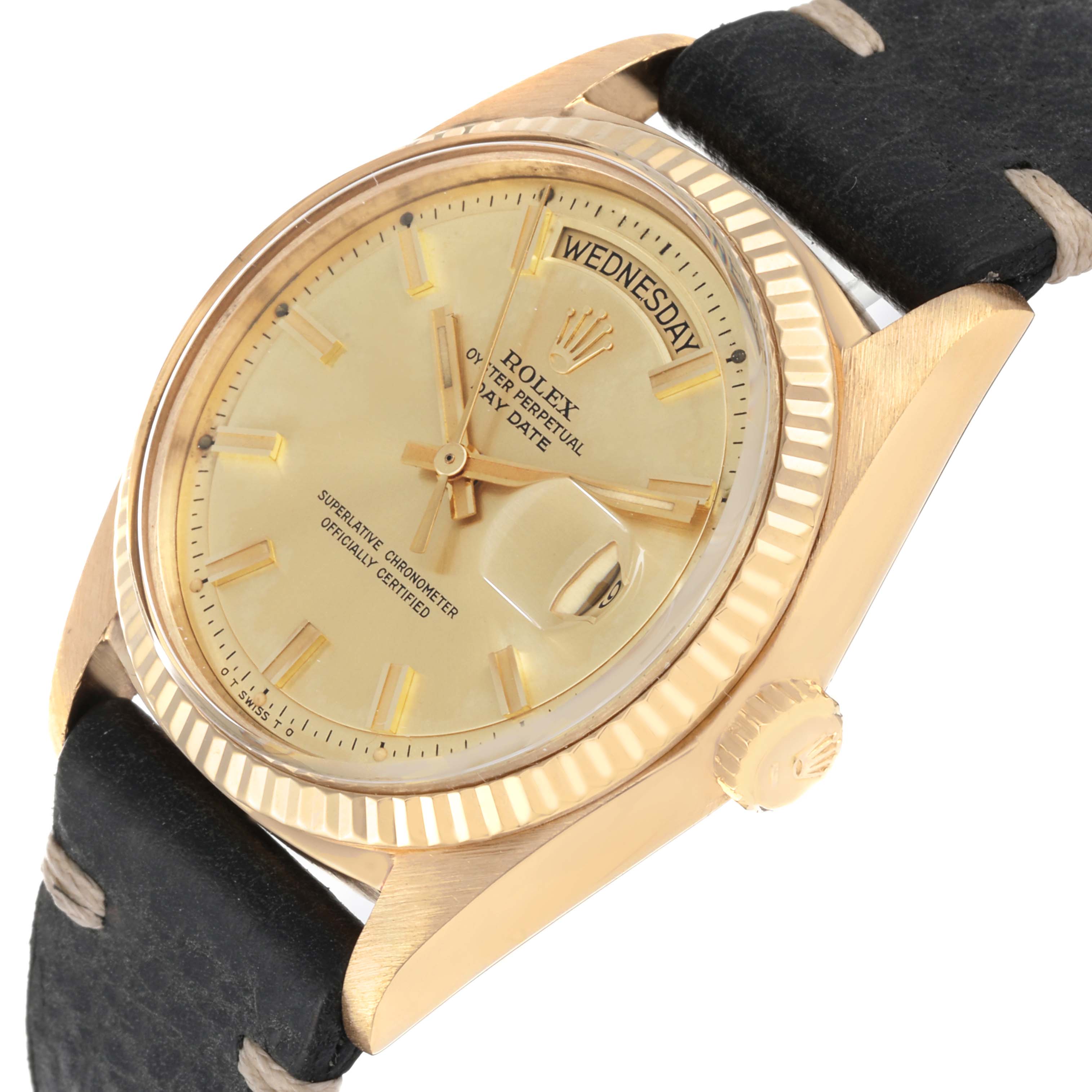 The image shows a close-up angled view of the face and crown of a Rolex Vintage Collection 1803 Men's Yellow Gold Champagne Dial 1803 Men's Yellow Gold Champagne Dial watch.