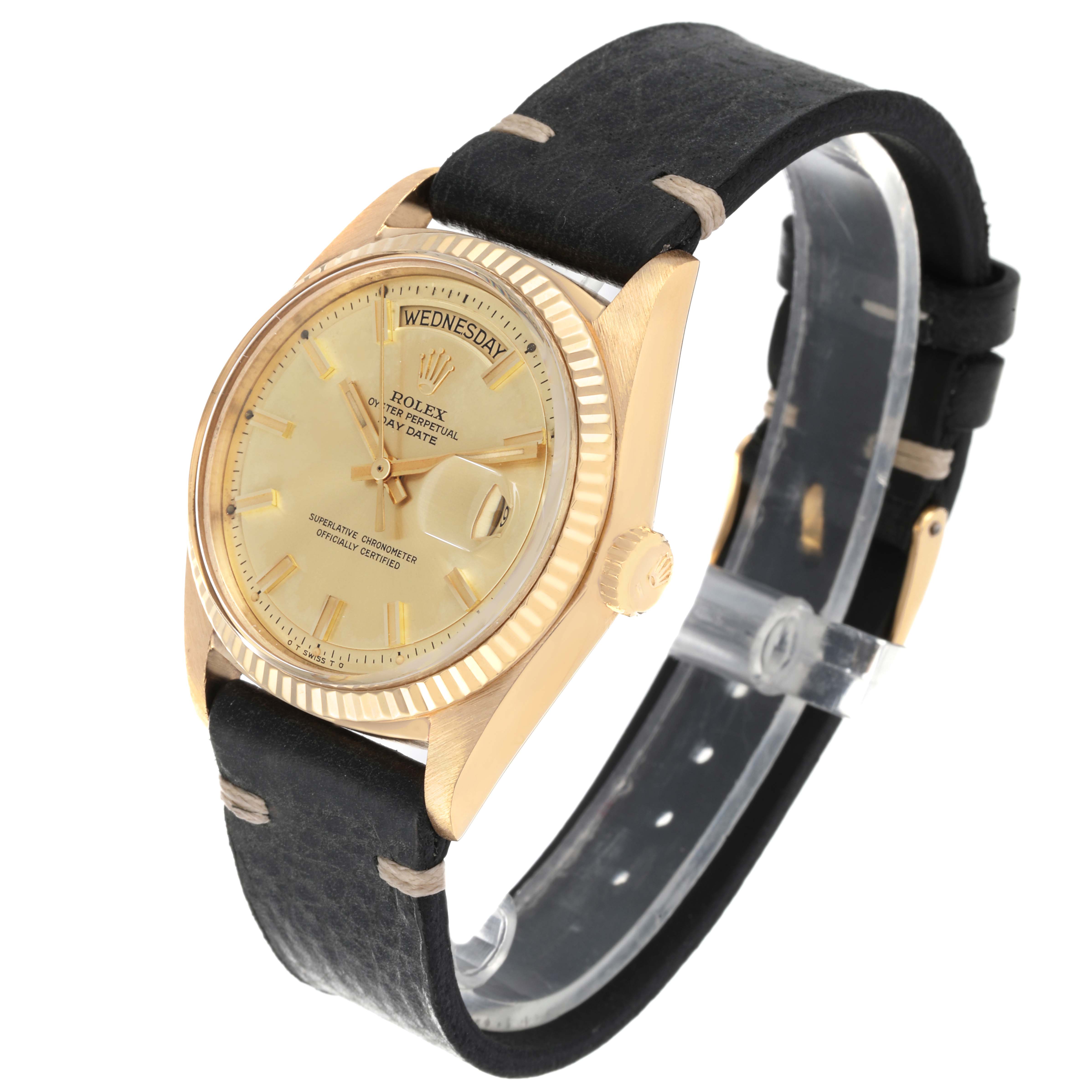 The Rolex Vintage Collection 1803 Men's Yellow Gold Champagne Dial 1803 Men's Yellow Gold Champagne Dial model watch is shown at a slight side angle, featuring its black leather strap and gold-tone dial and bezel.