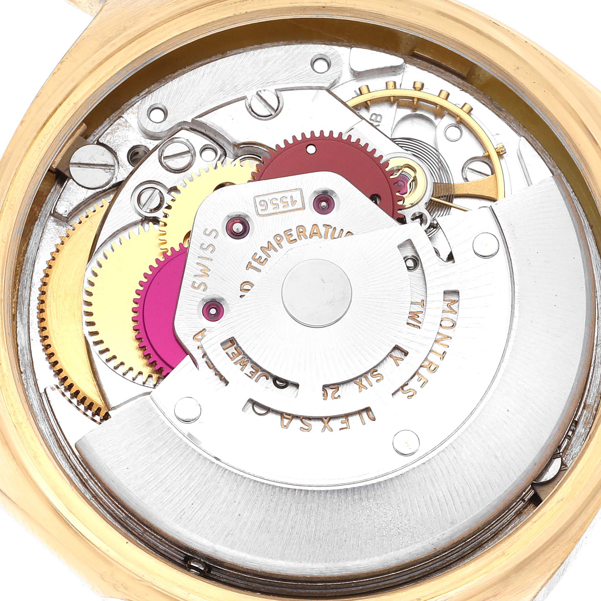 This image shows the internal movement mechanism of the Rolex Vintage Collection 1803 Men's Yellow Gold Champagne Dial 1803 Men's Yellow Gold Champagne Dial model from a top-down angle.
