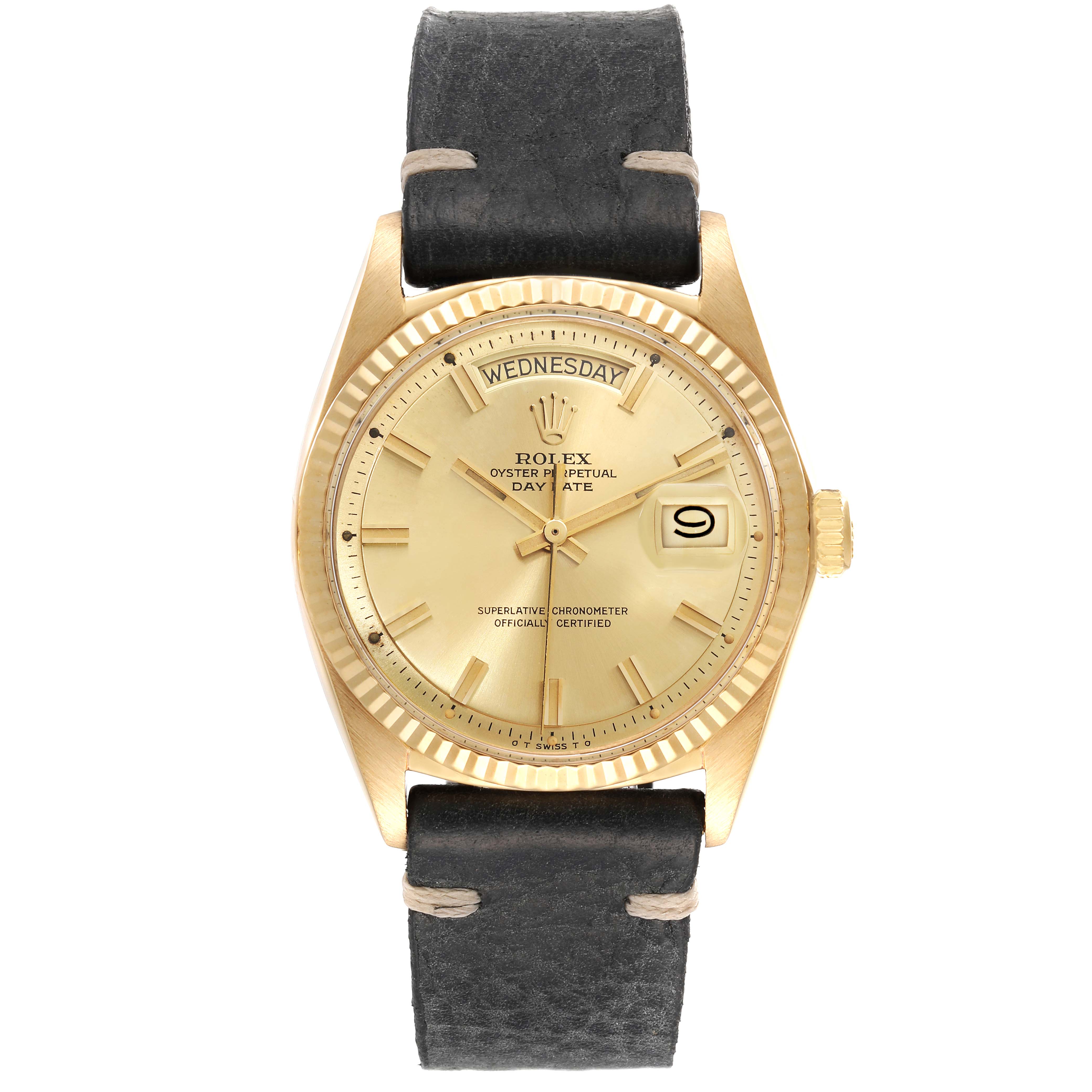 This image shows a front view of the Rolex Vintage Collection 1803 Men's Yellow Gold Champagne Dial 1803 Men's Yellow Gold Champagne Dial watch, featuring its gold case, black strap, day-date display, and crown.