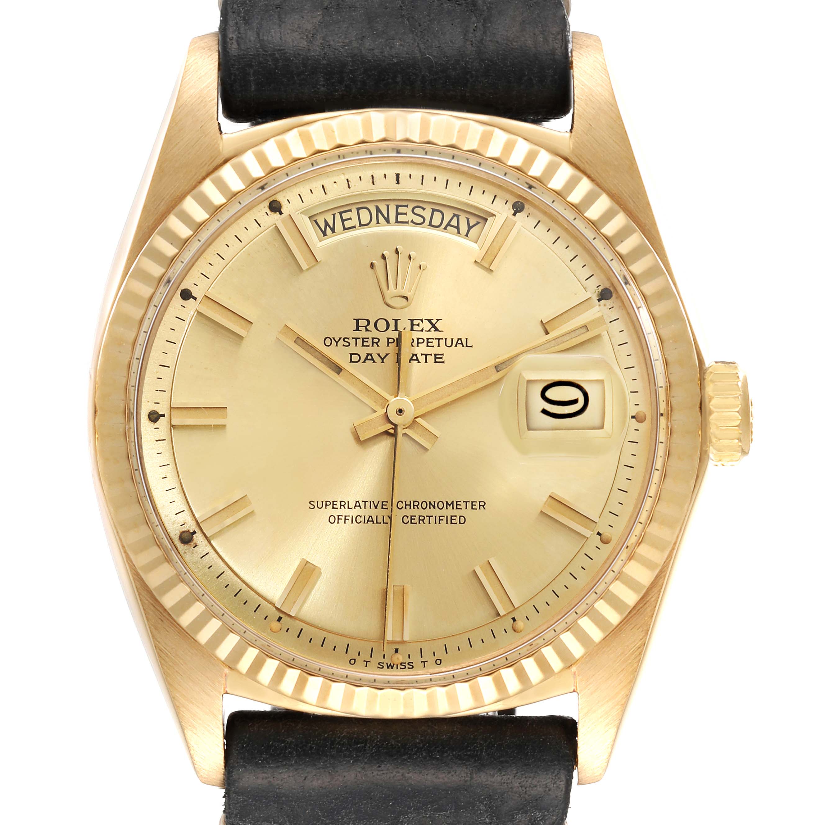 This image shows a front view of a Rolex Vintage Collection 1803 Men's Yellow Gold Champagne Dial 1803 Men's Yellow Gold Champagne Dial Oyster Perpetual Day-Date watch with a gold dial and black strap.