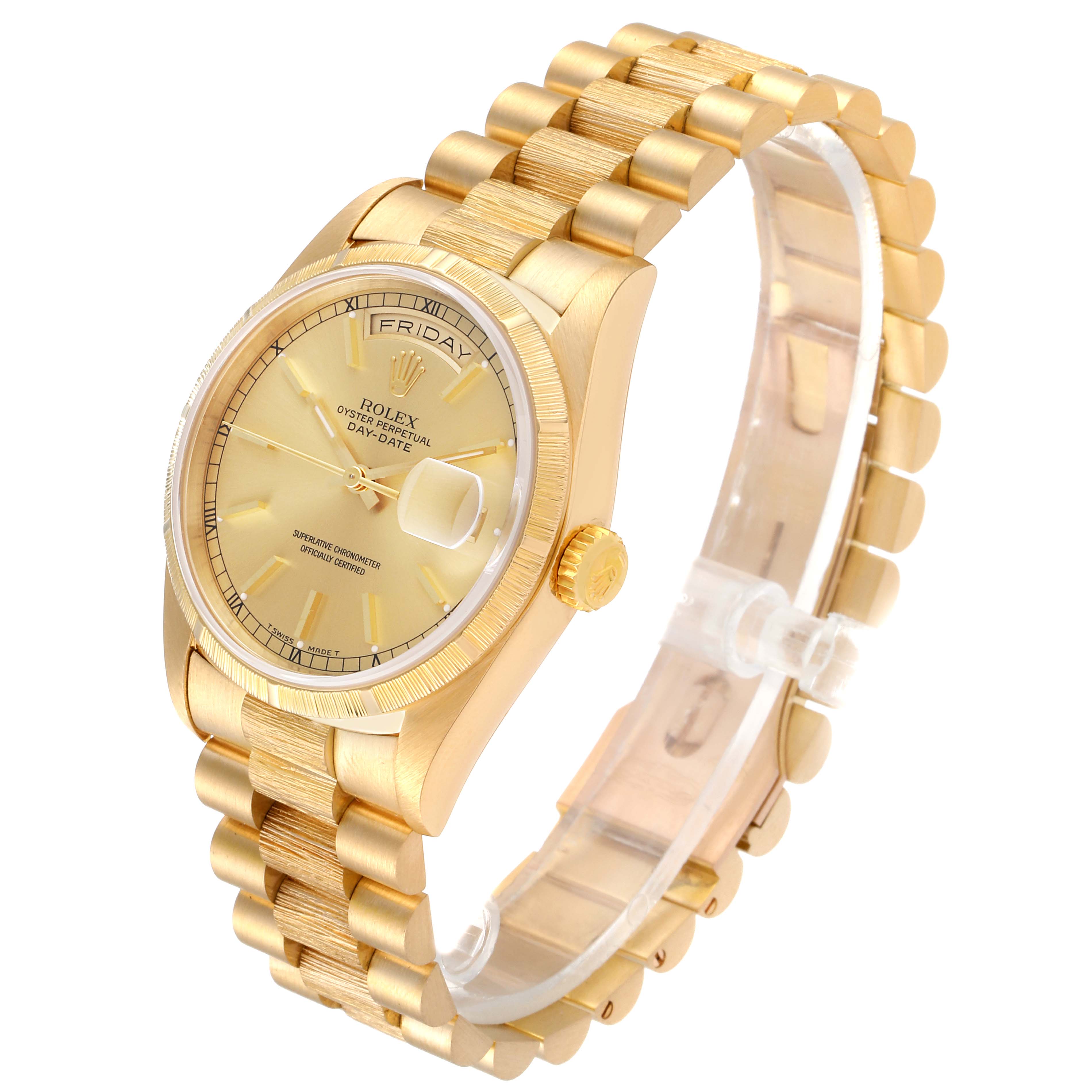 The Rolex President 18248 Men
s Yellow Gold Champagne Dial 18248 Men
s Yellow Gold Champagne Dial model watch is shown at an angle highlighting its gold dial, bezel, bracelet, day/date function, and crown.