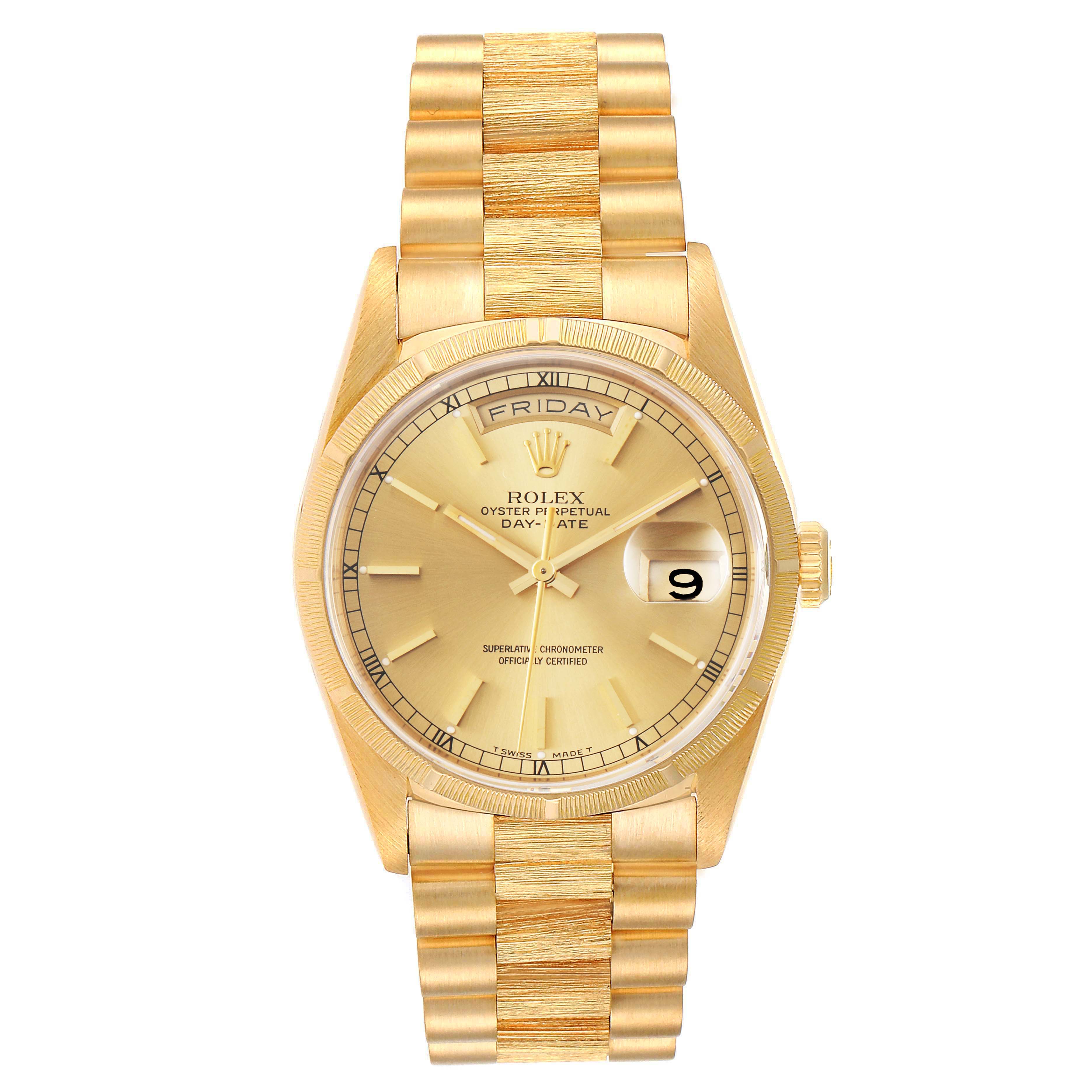 The image shows a front view of a Rolex President 18248 Men
s Yellow Gold Champagne Dial 18248 Men
s Yellow Gold Champagne Dial model watch, displaying its dial, bezel, bracelet, and crown.