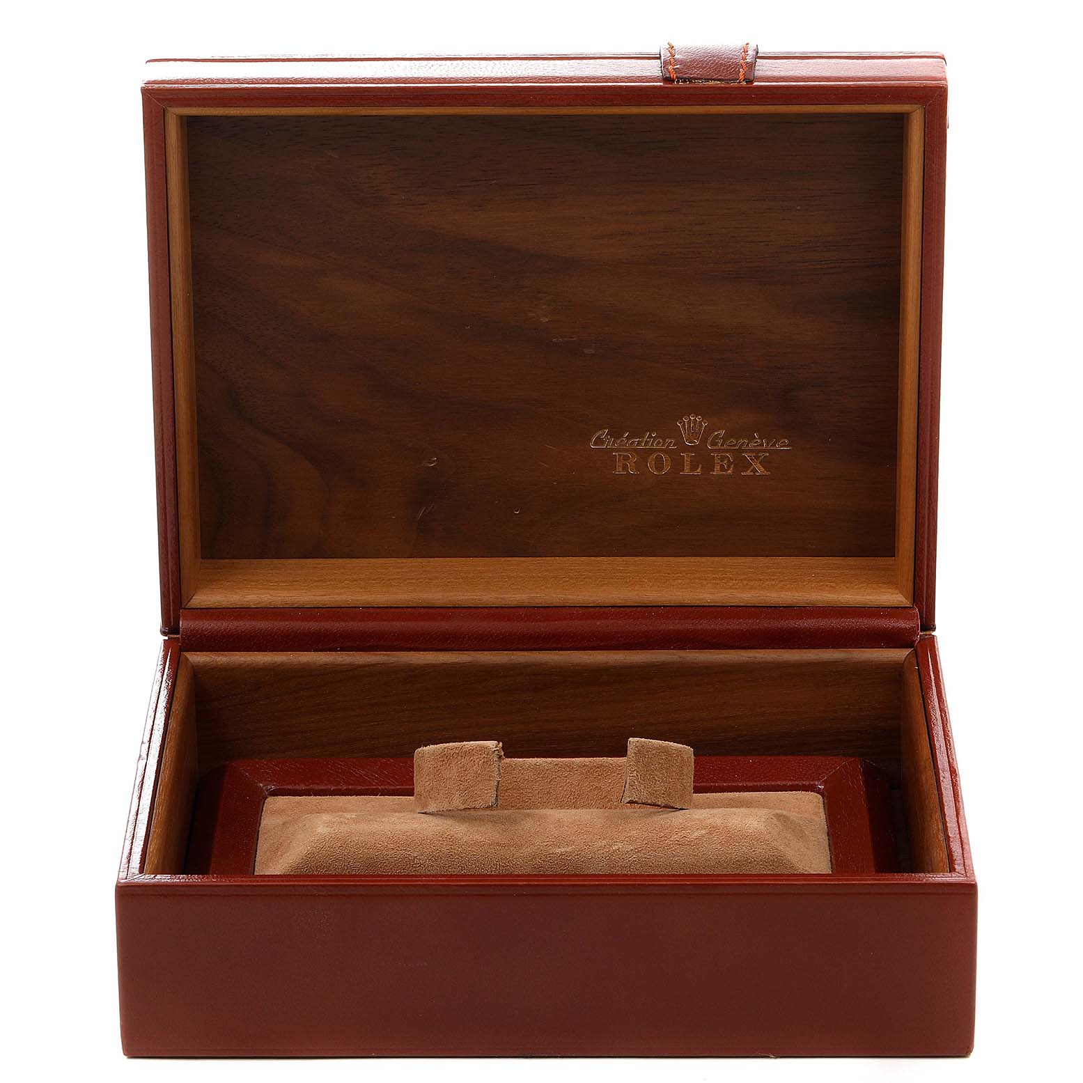 This image displays an open Rolex box for the President model, showcasing its interior packaging.
