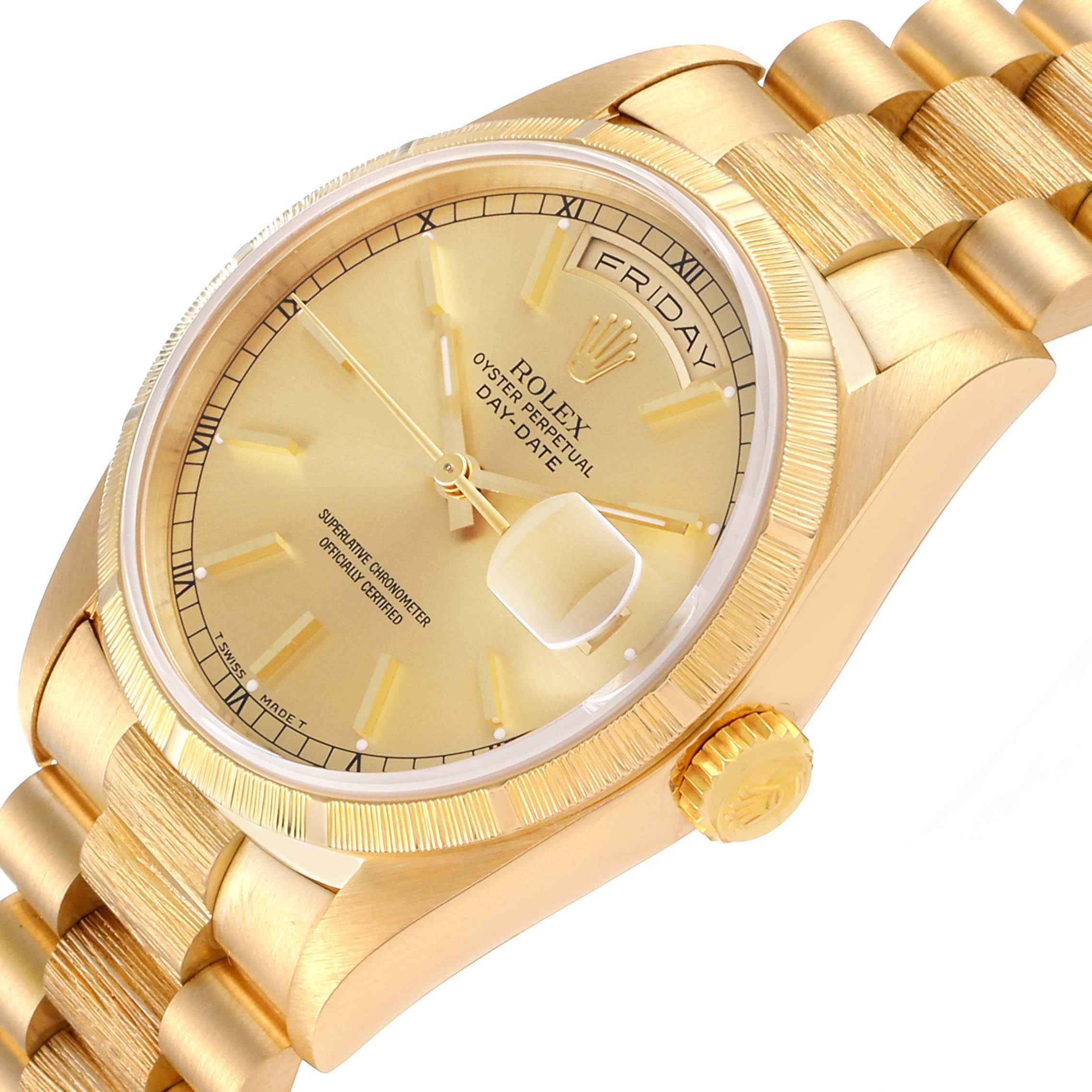 The image shows a Rolex President 18248 Men
s Yellow Gold Champagne Dial 18248 Men
s Yellow Gold Champagne Dial model watch at an angled view, displaying the dial, day-date window, crown, and part of the bracelet.