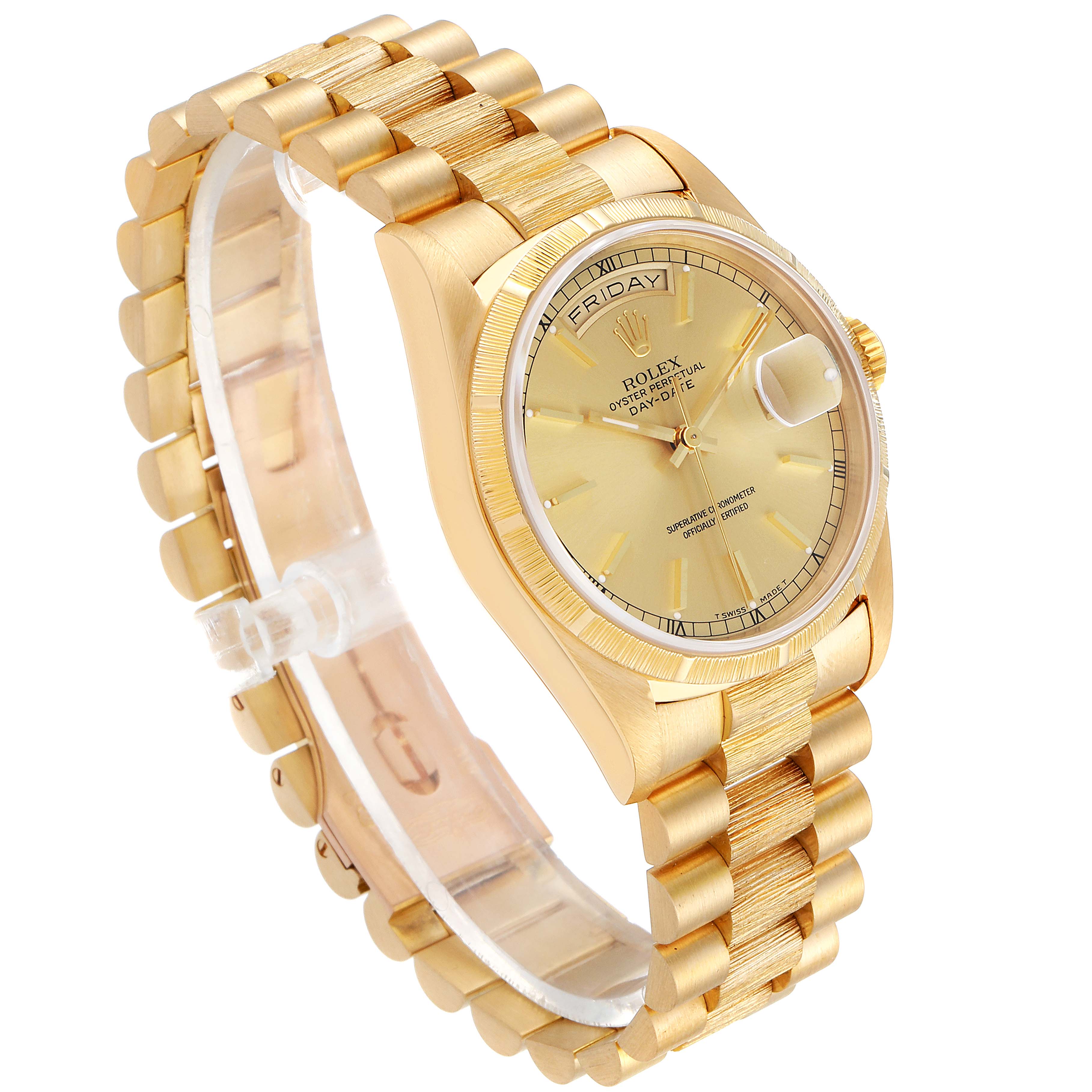 This image shows a Rolex President 18248 Men
s Yellow Gold Champagne Dial 18248 Men
s Yellow Gold Champagne Dial model watch at a three-quarter angle, highlighting its gold band, face, and date display.