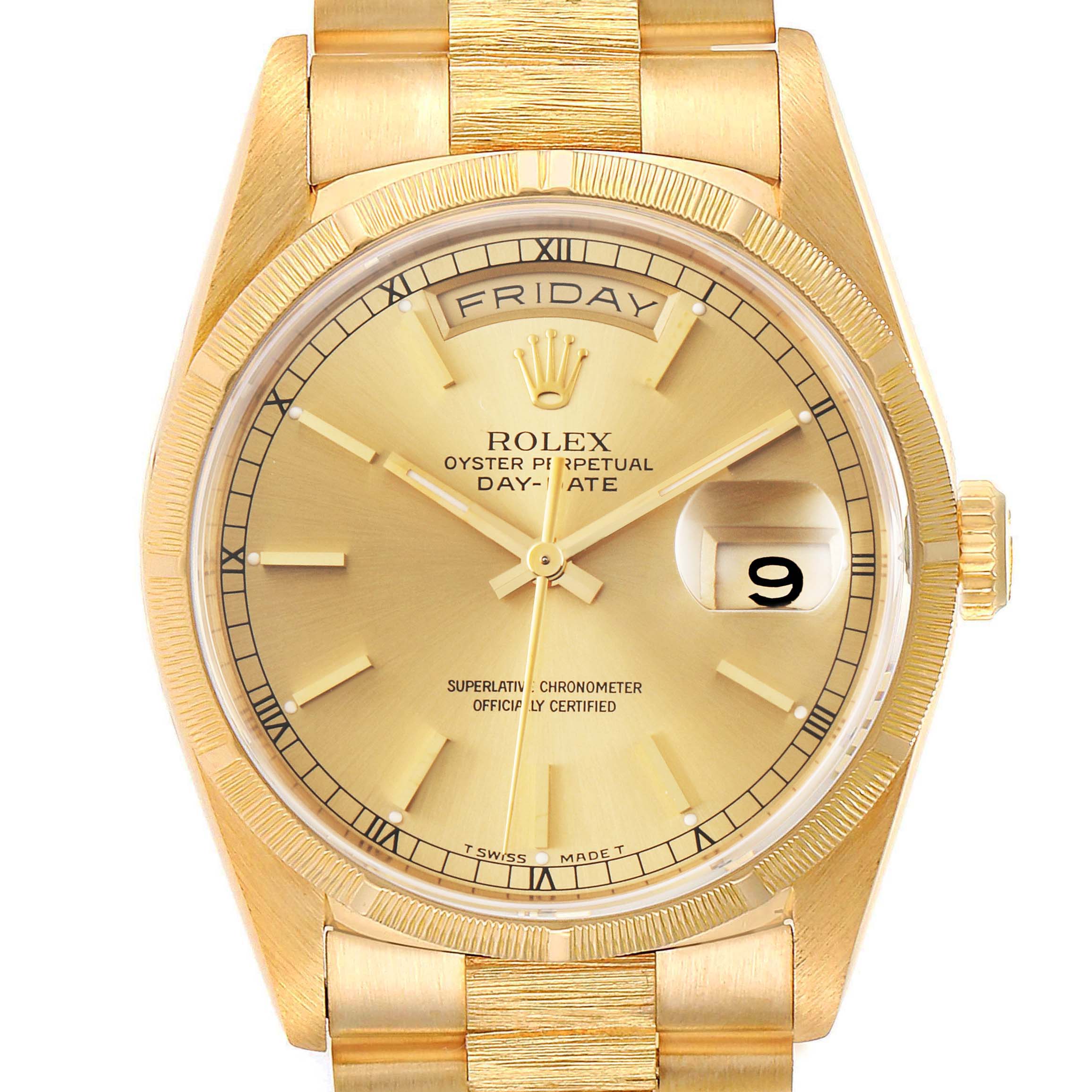 This image shows a front view of a Rolex President 18248 Men
s Yellow Gold Champagne Dial 18248 Men
s Yellow Gold Champagne Dial model watch, highlighting the dial, hands, day-date display, and part of the bracelet.
