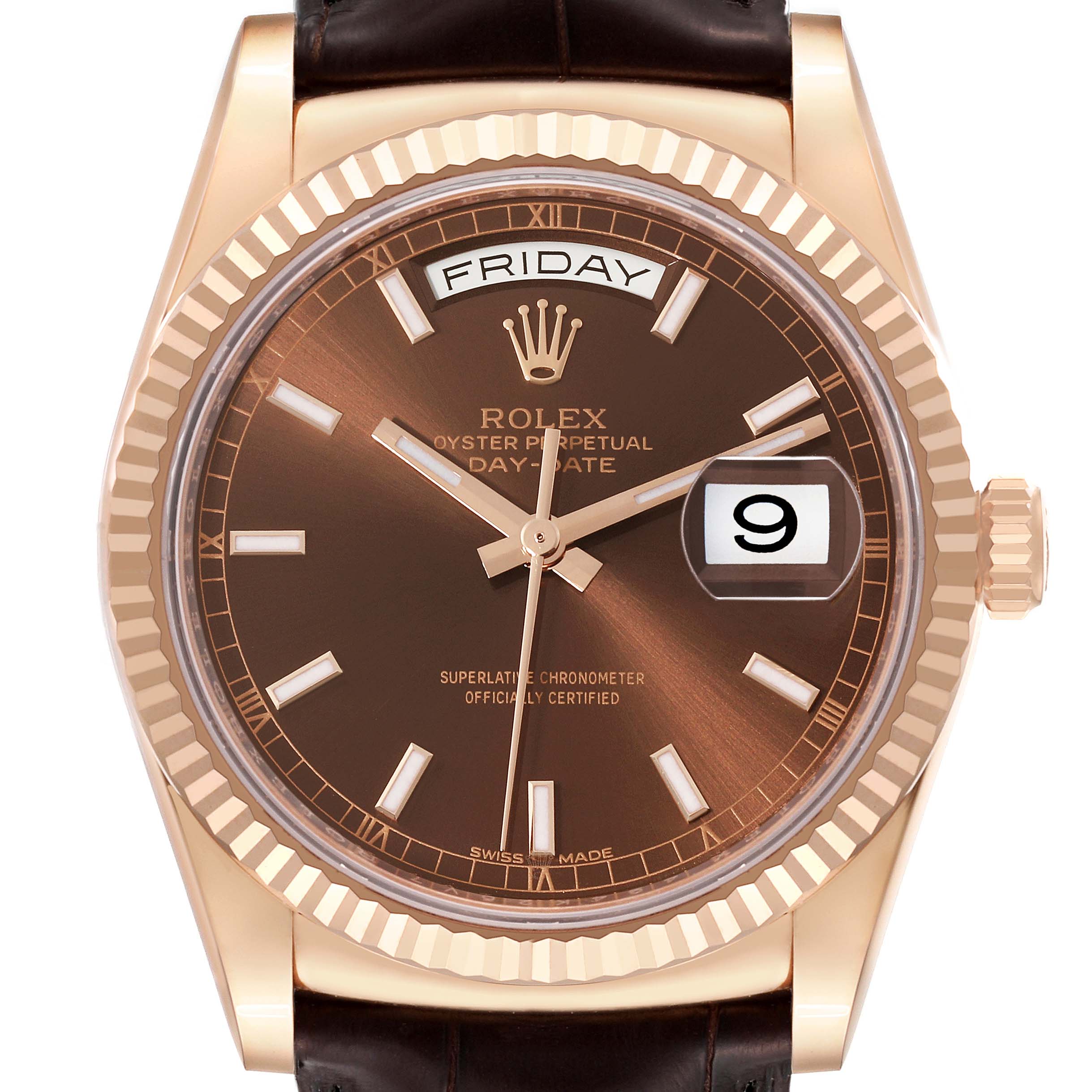 This image shows a front view of the Rolex President 118135 Men's Rose Gold Brown Dial 118135 Men's Rose Gold Brown Dial model watch, featuring its dial, bezel, and crown.