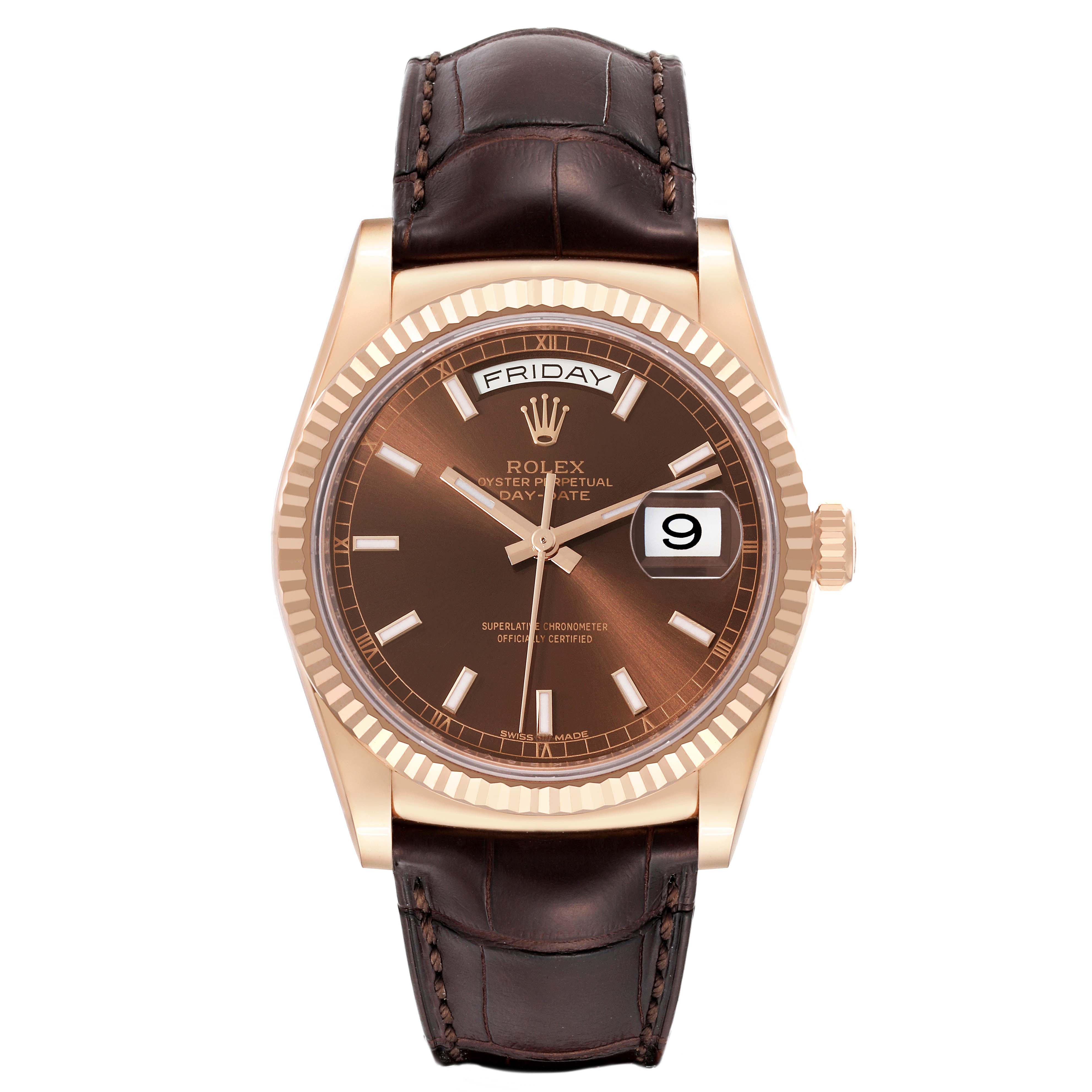 The image shows a front view of the Rolex President 118135 Men's Rose Gold Brown Dial 118135 Men's Rose Gold Brown Dial model watch, displaying its face, bezel, crown, and brown leather strap.