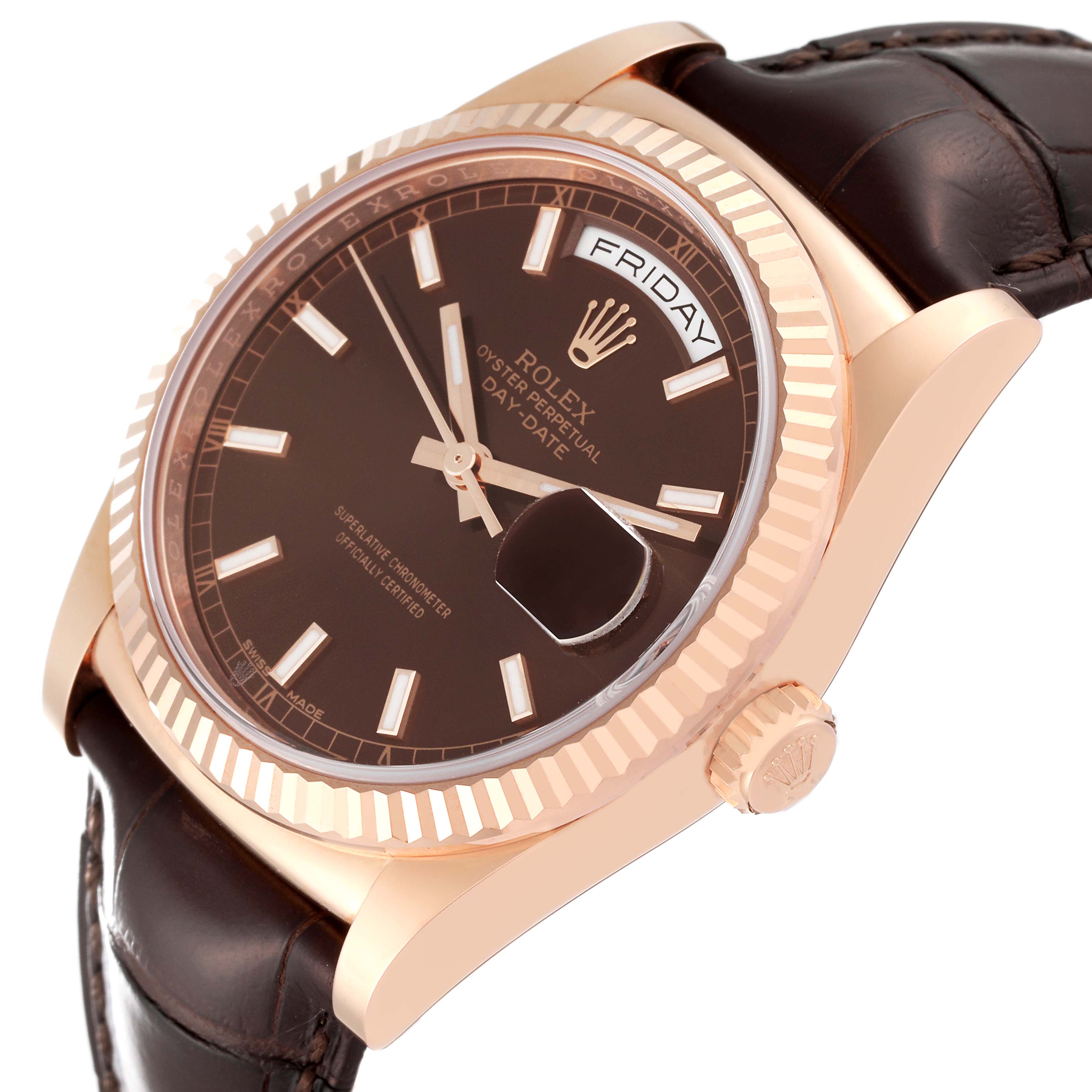 The image shows a side and partial top view of a Rolex President 118135 Men's Rose Gold Brown Dial 118135 Men's Rose Gold Brown Dial model watch, highlighting its dial, case, and strap.