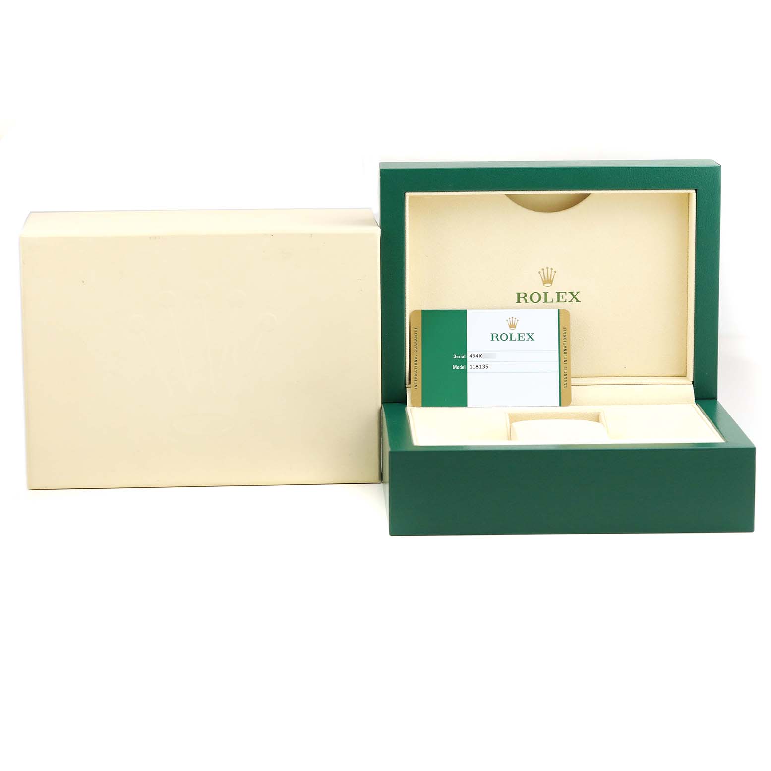The image shows the packaging and warranty card for a Rolex President 118135 Men's Rose Gold Brown Dial 118135 Men's Rose Gold Brown Dial model watch.