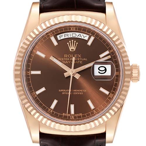Photo of Rolex President Day-Date Rose Gold Chocolate Dial Mens Watch 118135 Box Card