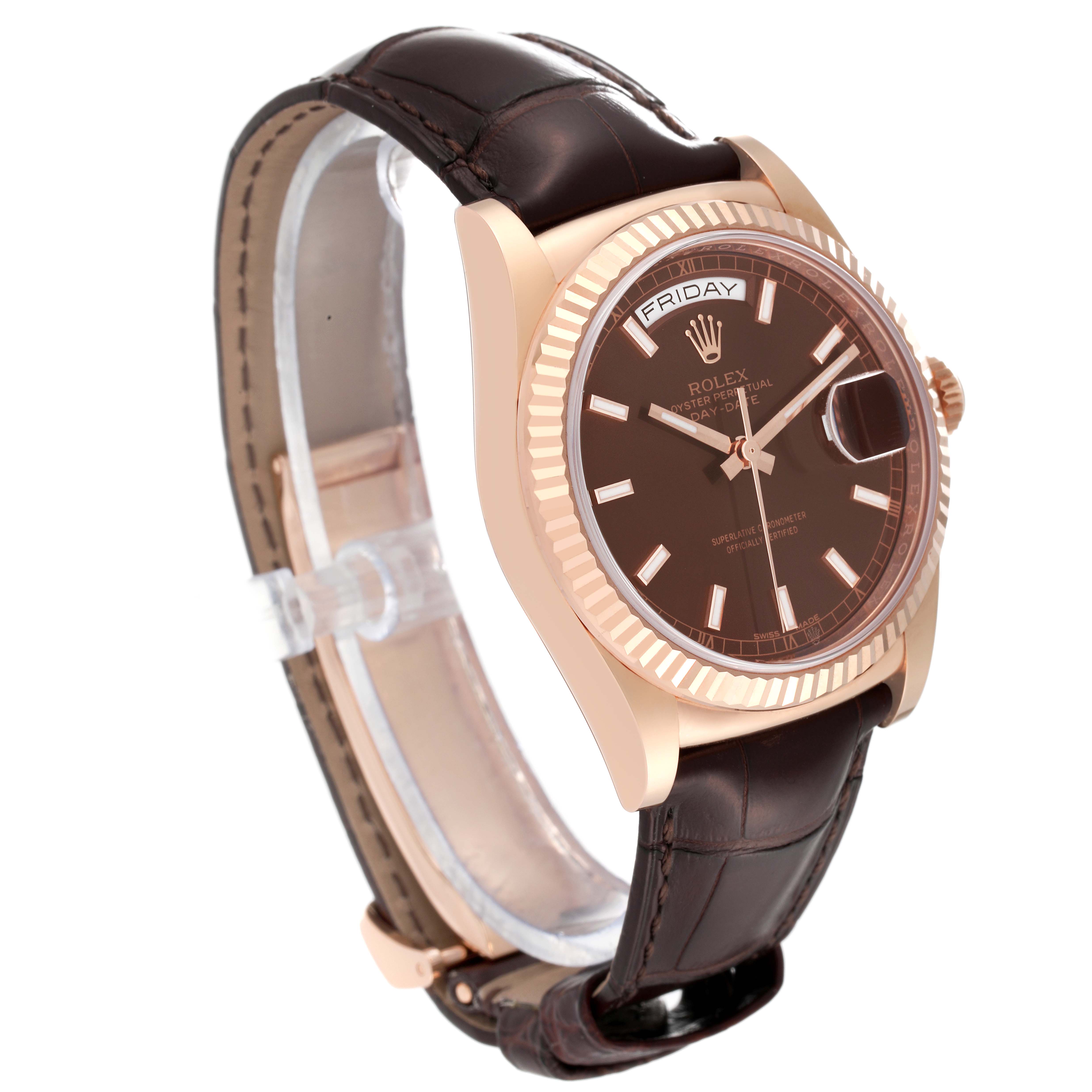 The image shows a Rolex President 118135 Men's Rose Gold Brown Dial 118135 Men's Rose Gold Brown Dial model watch at a slight side angle, highlighting the face, bezel, and leather strap.