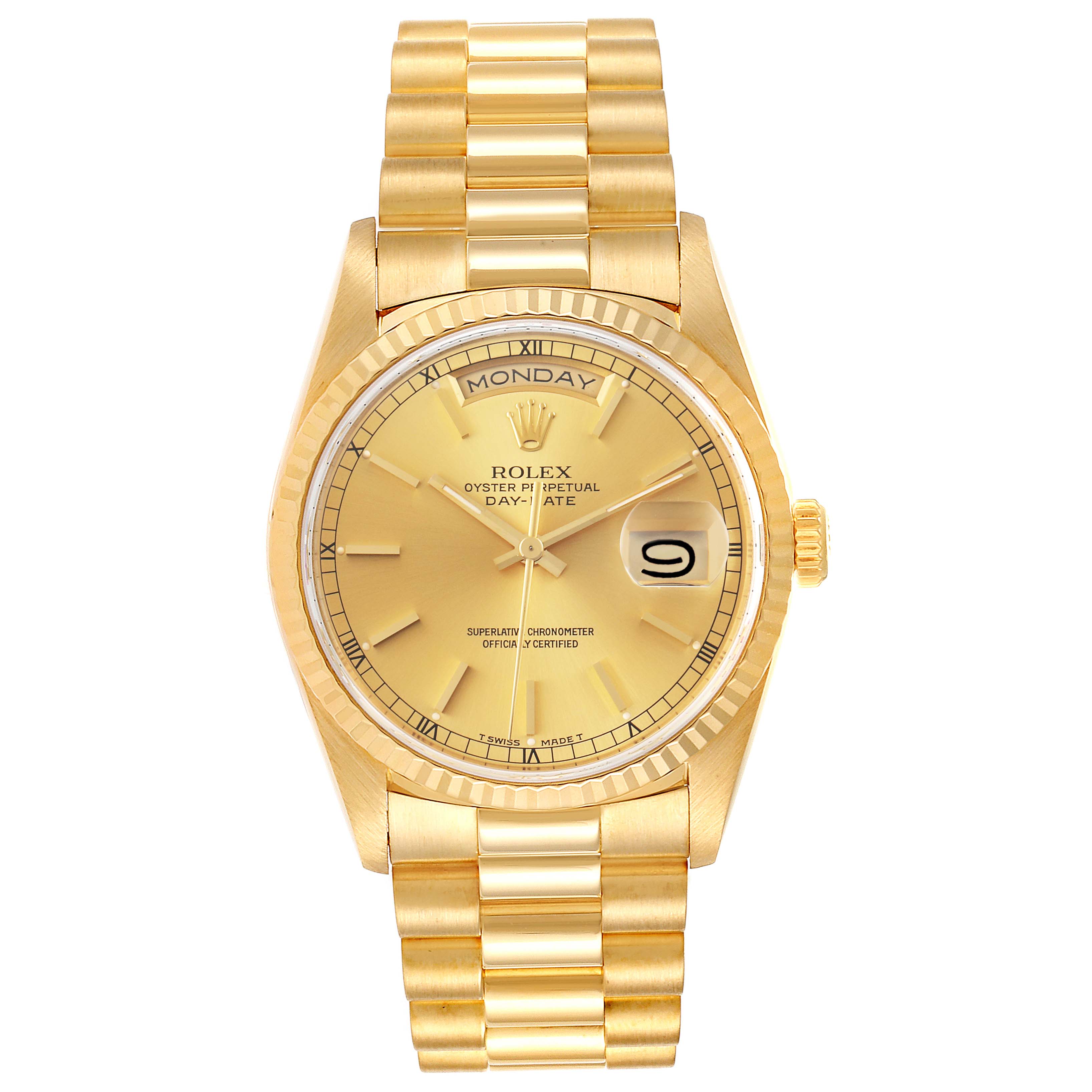 This is a front view of the Rolex President 18238 Men
s Yellow Gold Champagne Dial 18238 Men
s Yellow Gold Champagne Dial model watch showing its gold dial, bracelet, day, and date features.
