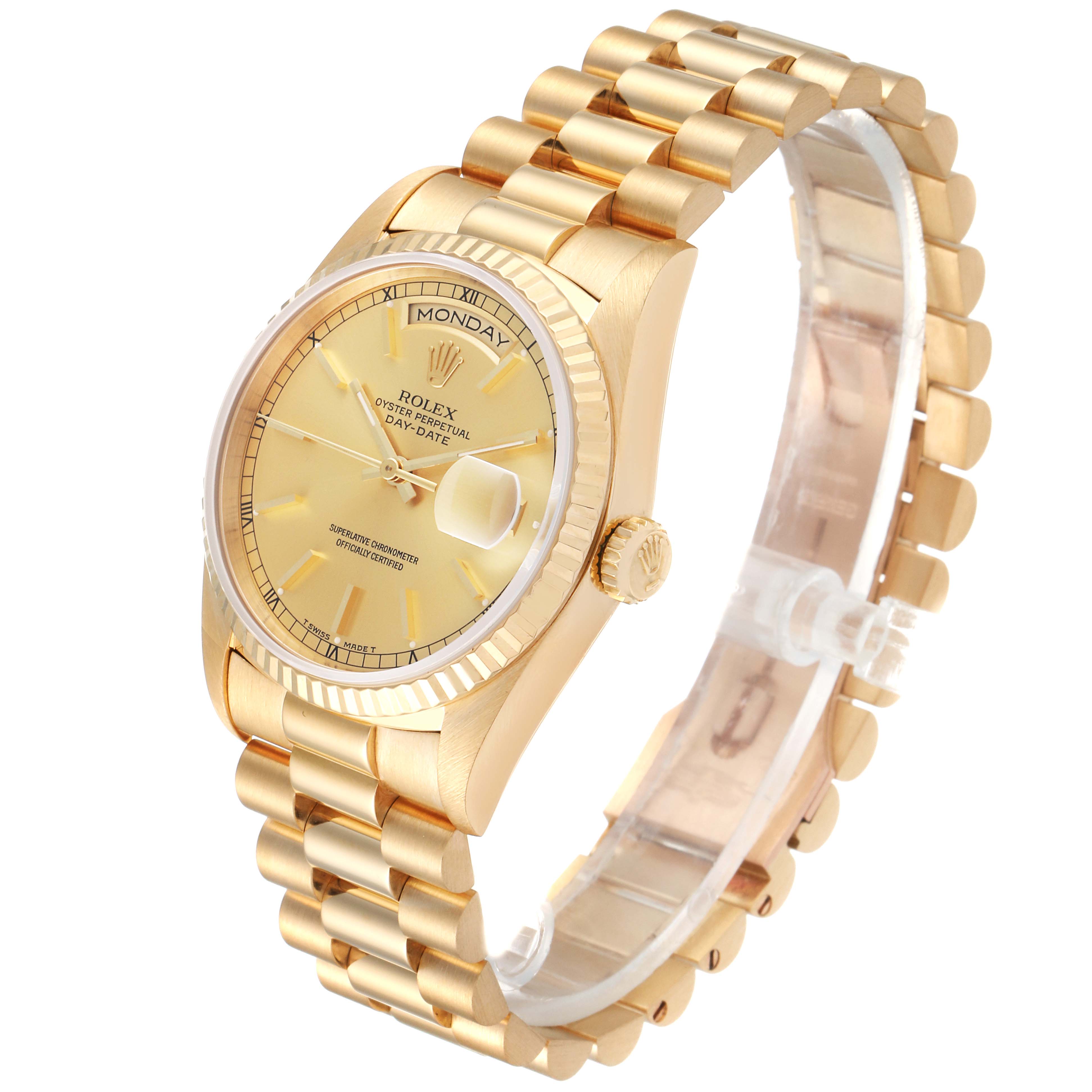 The Rolex President 18238 Men
s Yellow Gold Champagne Dial 18238 Men
s Yellow Gold Champagne Dial model watch is shown at an angle displaying the dial, bezel, crown, and part of the bracelet.