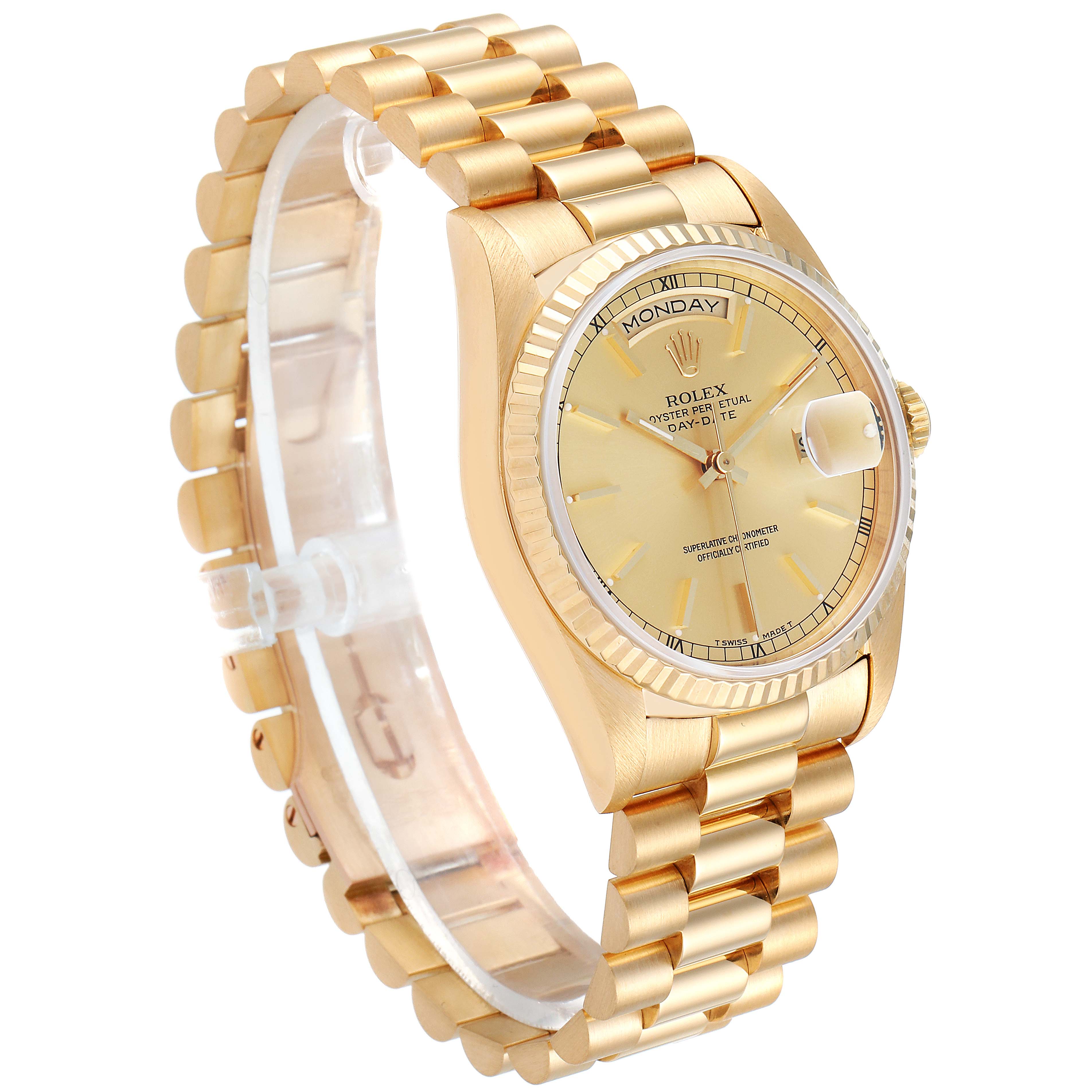 The image shows a side angle of a Rolex President 18238 Men
s Yellow Gold Champagne Dial 18238 Men
s Yellow Gold Champagne Dial model watch, highlighting the bracelet, case, and dial.