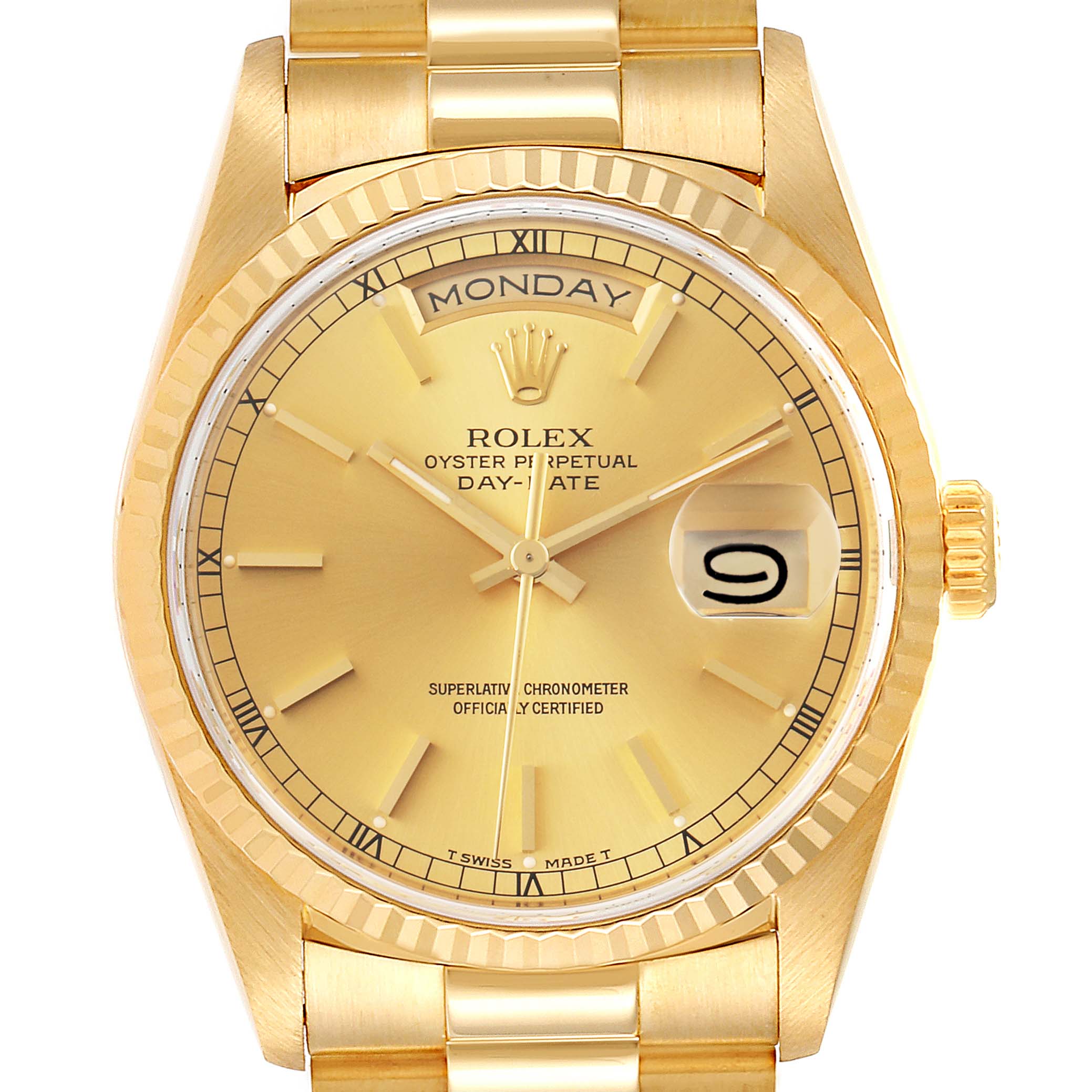 This image shows a close-up of the Rolex President 18238 Men
s Yellow Gold Champagne Dial 18238 Men
s Yellow Gold Champagne Dial model watch, featuring its dial, day-date display, and part of the bracelet.