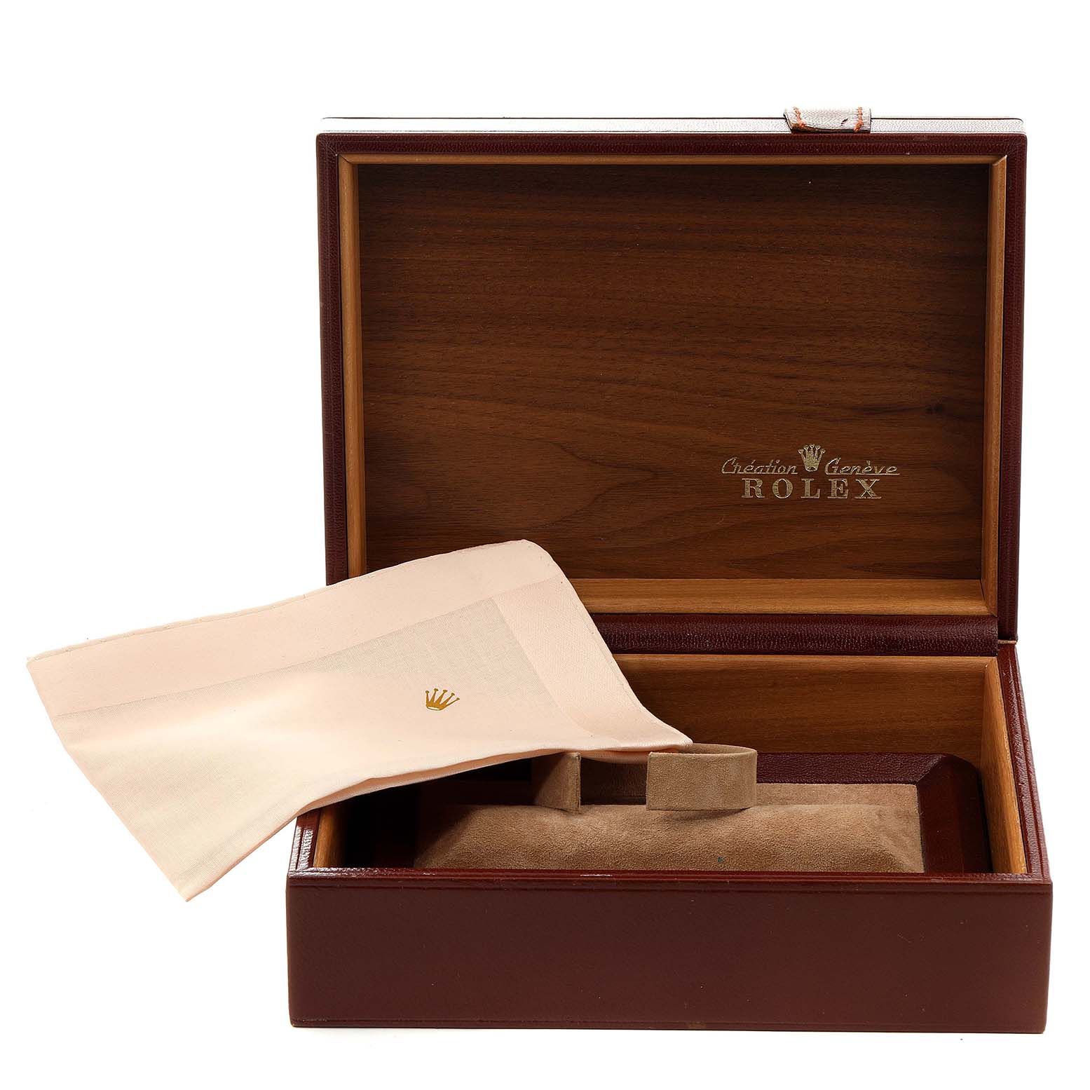 The image shows an open Rolex President 18238 Men
s Yellow Gold Champagne Dial 18238 Men
s Yellow Gold Champagne Dial model watch box with a cloth and a cushion inside.