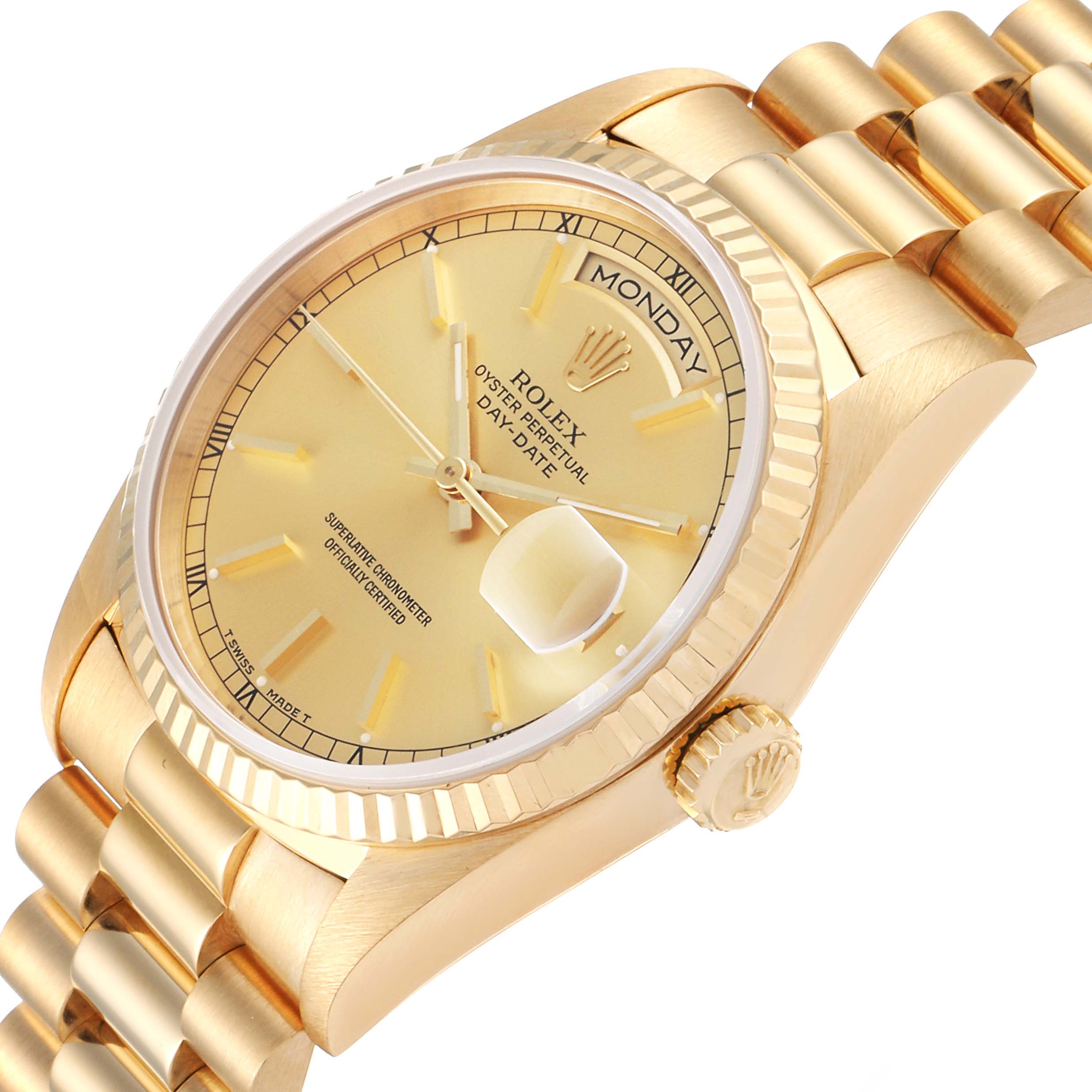 This image shows a gold Rolex President 18238 Men
s Yellow Gold Champagne Dial 18238 Men
s Yellow Gold Champagne Dial model watch at an angled front view, highlighting the dial, bezel, and bracelet.
