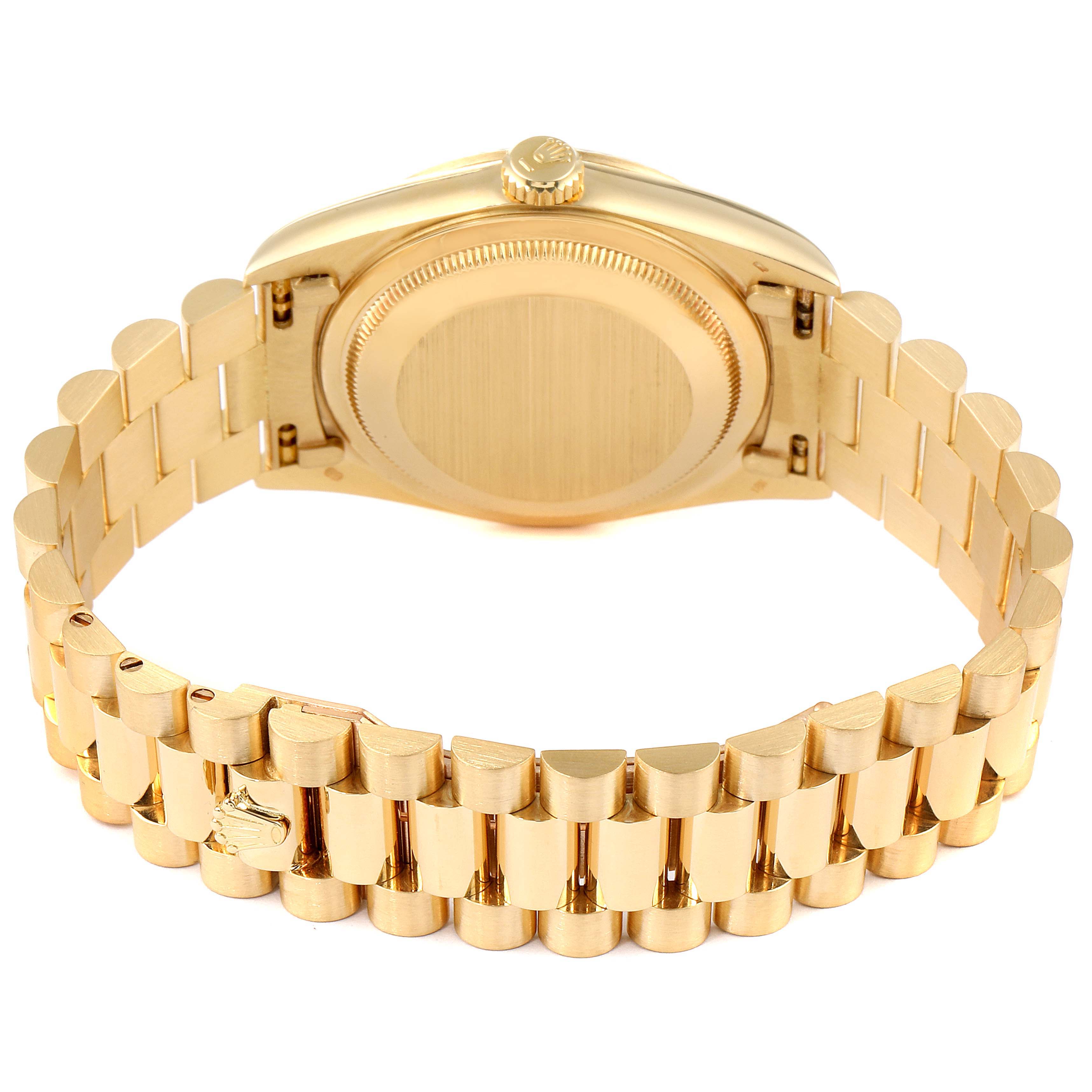The image shows the back and bracelet of a Rolex President 18238 Men
s Yellow Gold Champagne Dial 18238 Men
s Yellow Gold Champagne Dial model watch, highlighting its gold finish and clasp.