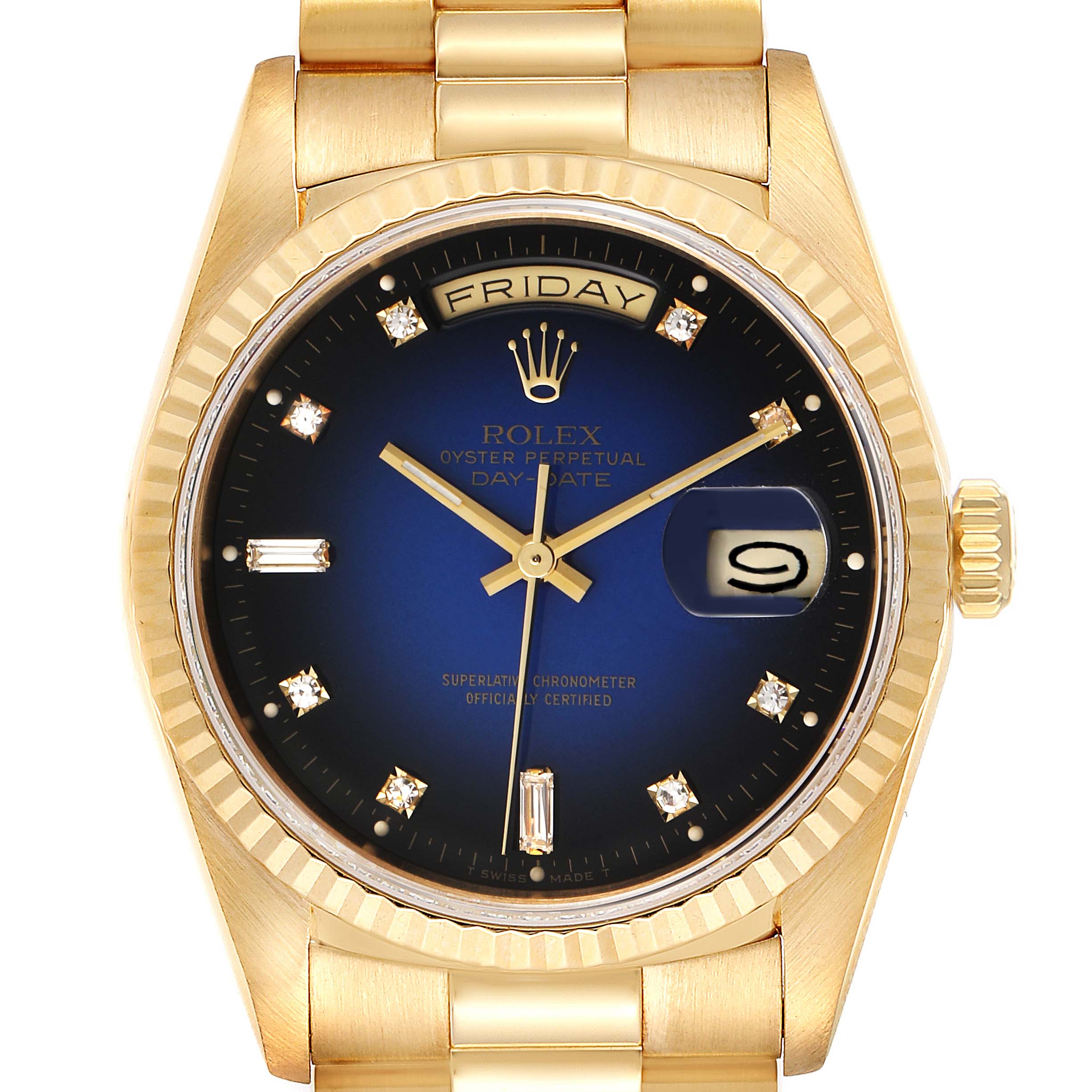 This is a head-on view of a Rolex President 18238 Men's Yellow Gold Blue Dial 18238 Men's Yellow Gold Blue Dial model watch, showing the dial, crown, hands, and part of the bracelet.