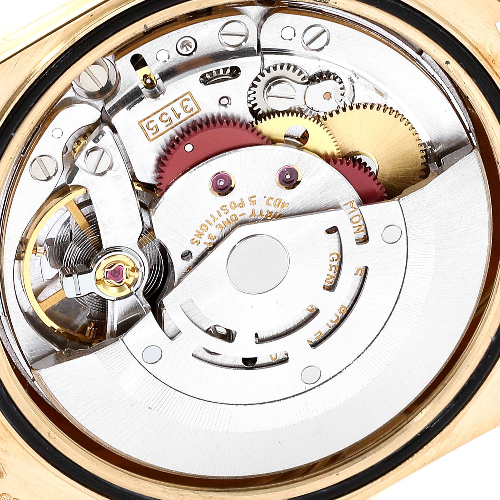 This image shows a close-up view of the internal mechanical movement of a Rolex President 18238 Men's Yellow Gold Blue Dial 18238 Men's Yellow Gold Blue Dial model watch.