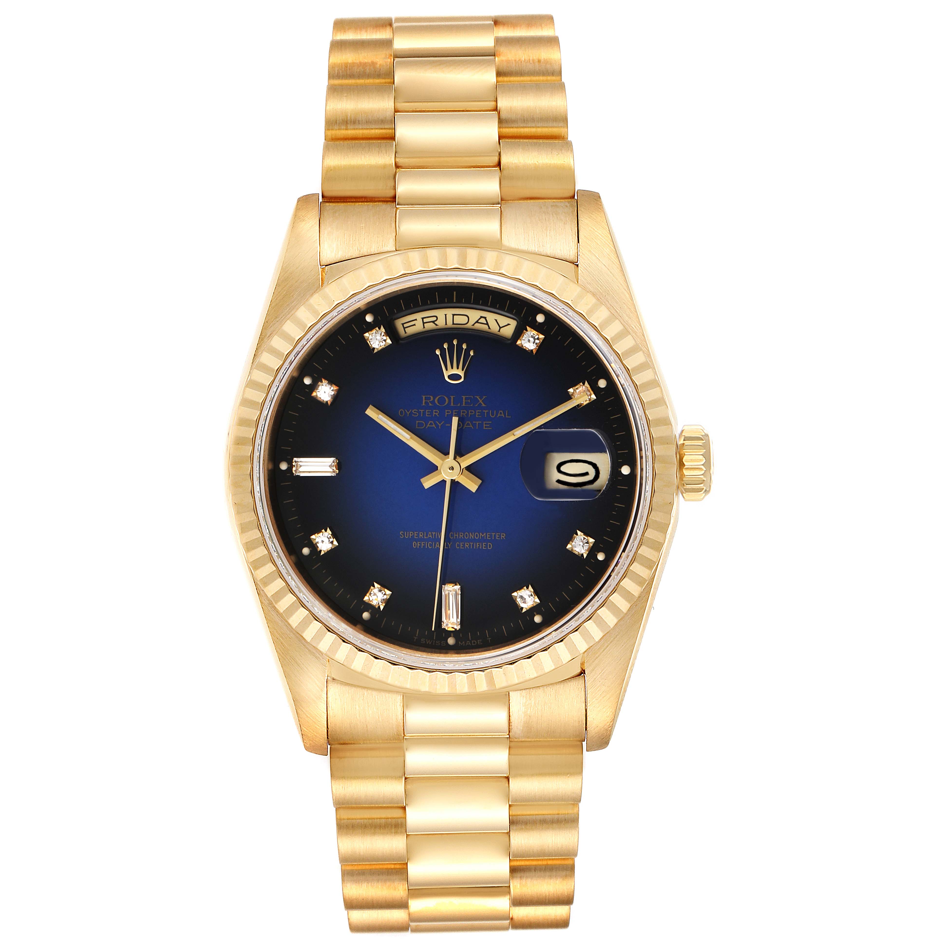 The image shows a Rolex President 18238 Men's Yellow Gold Blue Dial 18238 Men's Yellow Gold Blue Dial model watch from a front view, displaying the face, dial, date window, and bracelet.