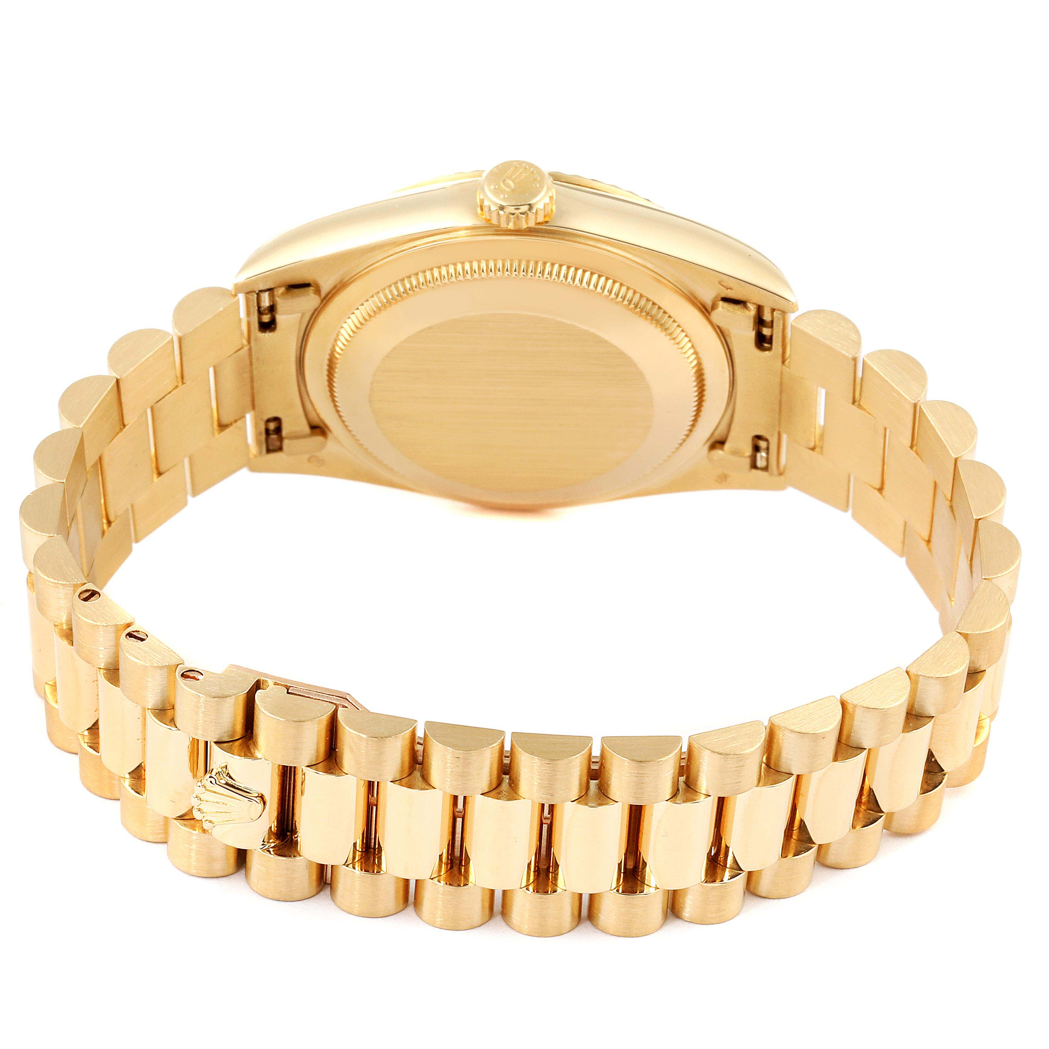 The image shows the back case and bracelet of a Rolex President 18238 Men's Yellow Gold Blue Dial 18238 Men's Yellow Gold Blue Dial model watch from a rear angle.