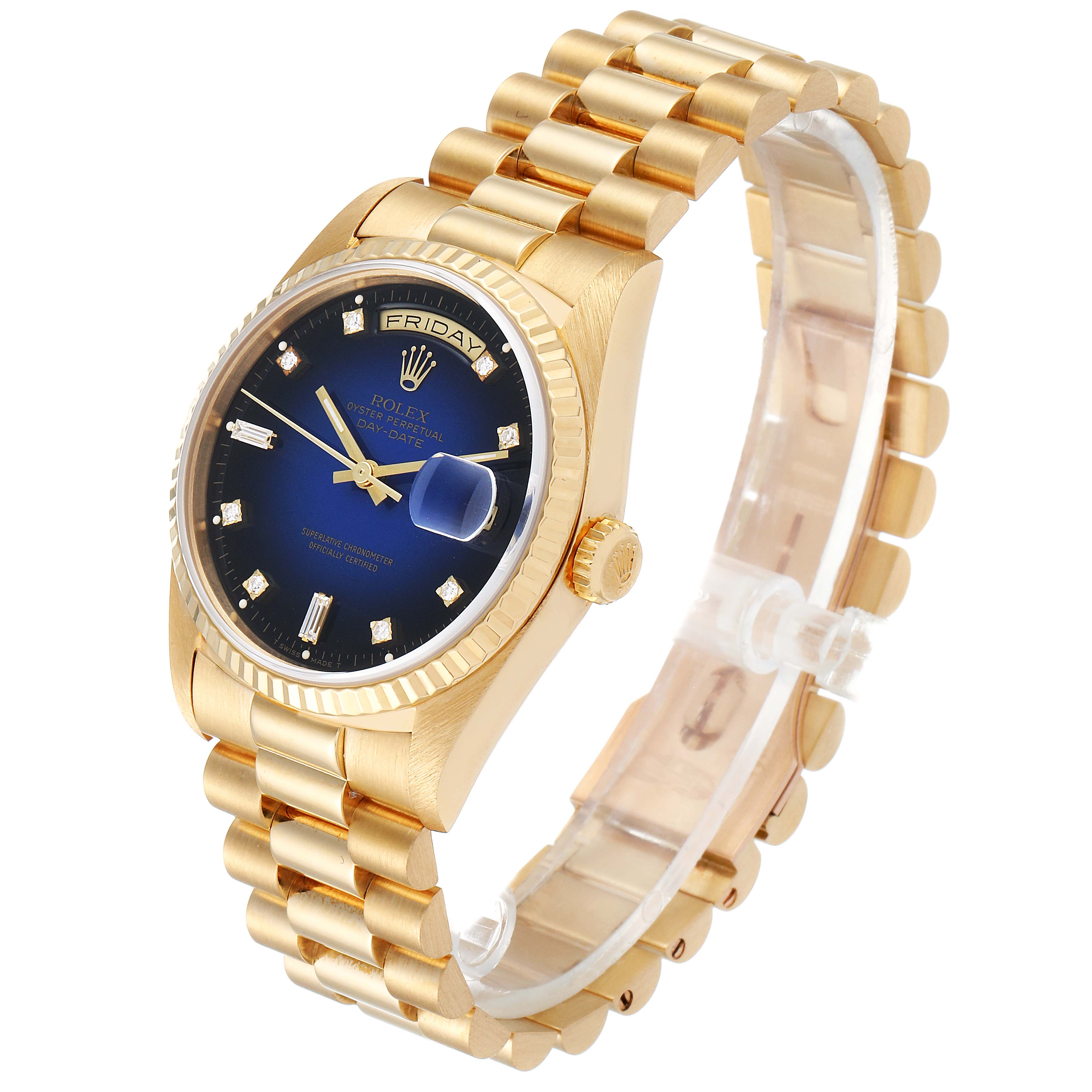 The image shows a Rolex President 18238 Men's Yellow Gold Blue Dial 18238 Men's Yellow Gold Blue Dial model watch angled to display its gold case, blue dial, day-date features, and bracelet.