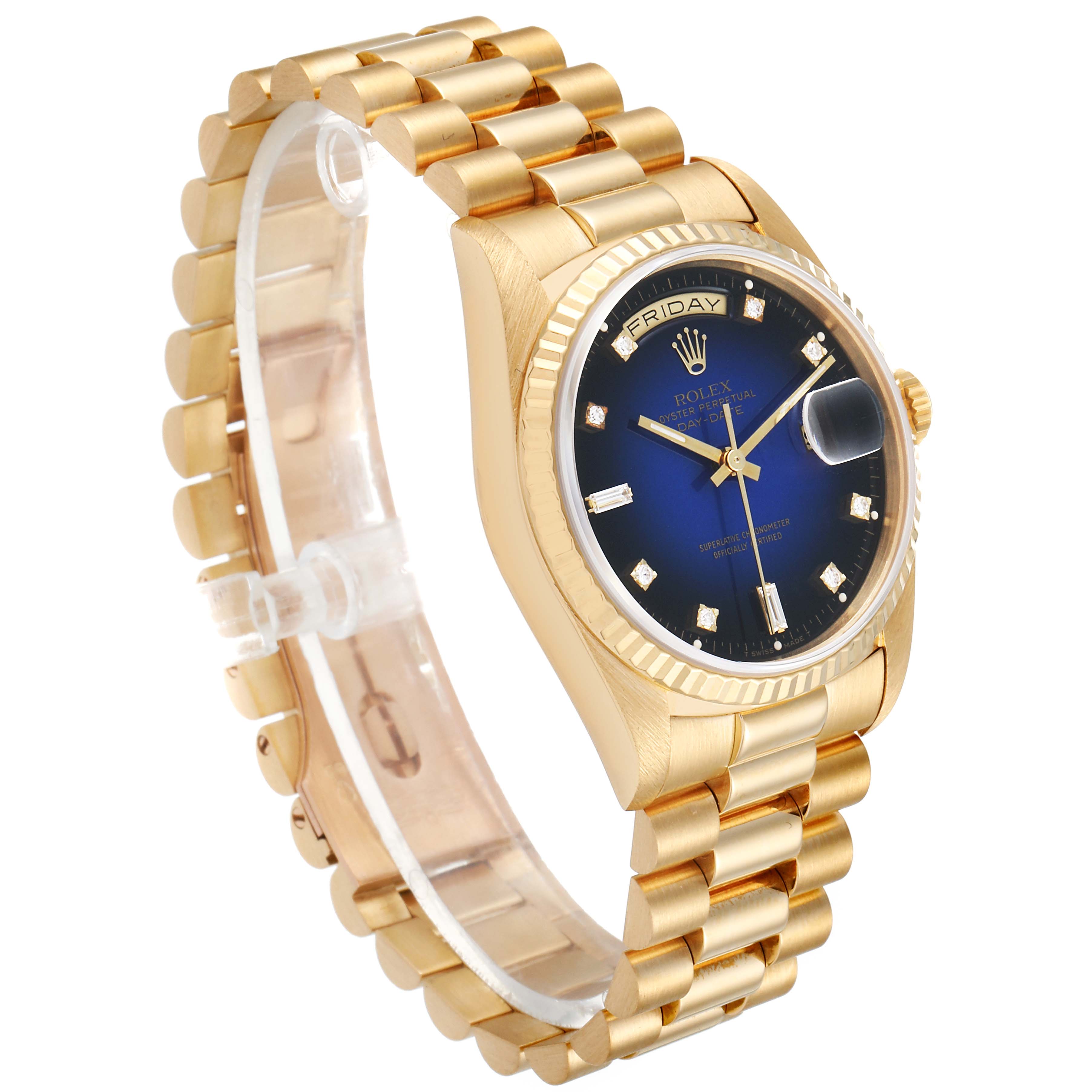 The image shows a side angle of the Rolex President 18238 Men's Yellow Gold Blue Dial 18238 Men's Yellow Gold Blue Dial model watch, featuring its gold bracelet, blue dial, and cyclops lens.