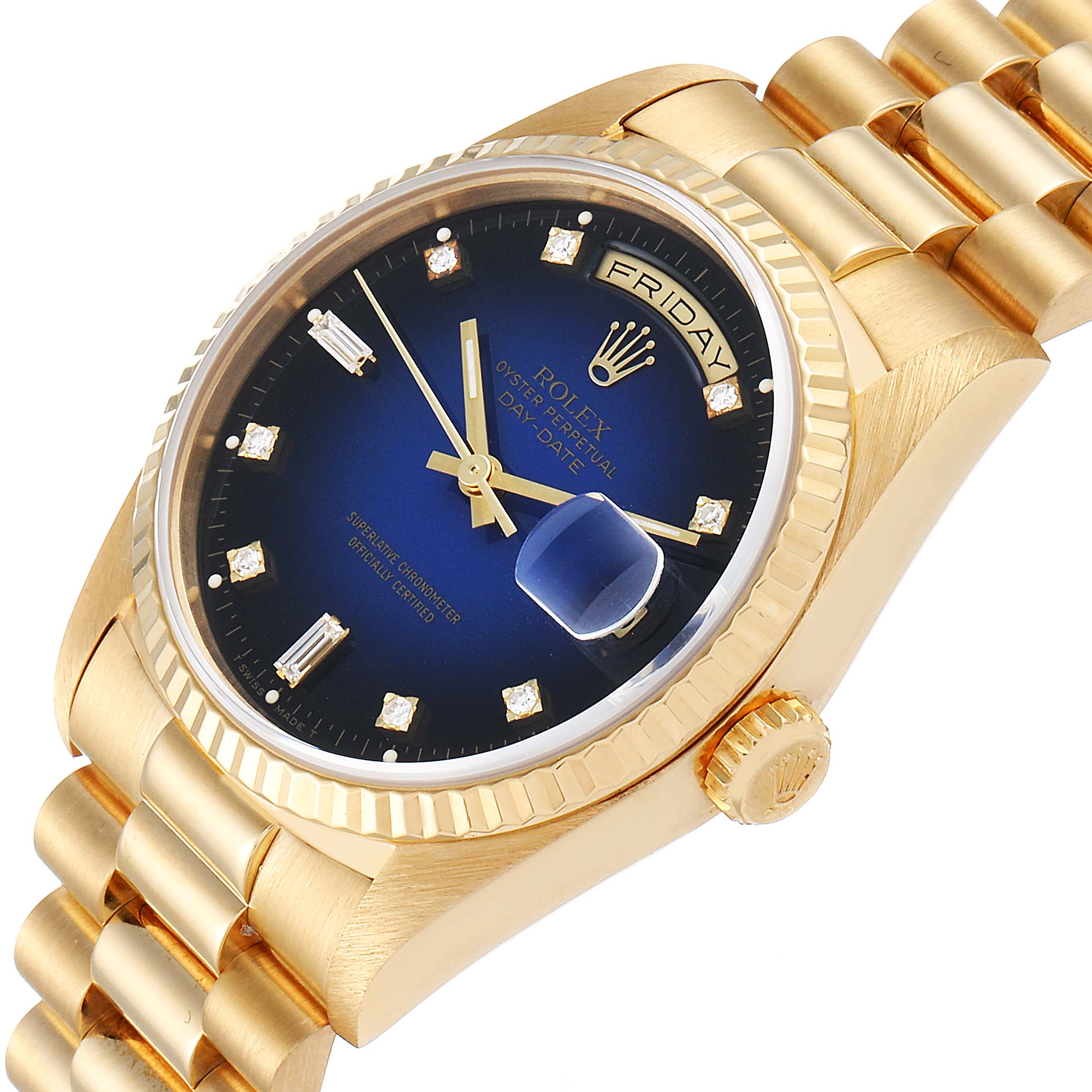 The image shows an angled close-up of a Rolex President 18238 Men's Yellow Gold Blue Dial 18238 Men's Yellow Gold Blue Dial model watch, highlighting the dial, bezel, day-date display, and bracelet.