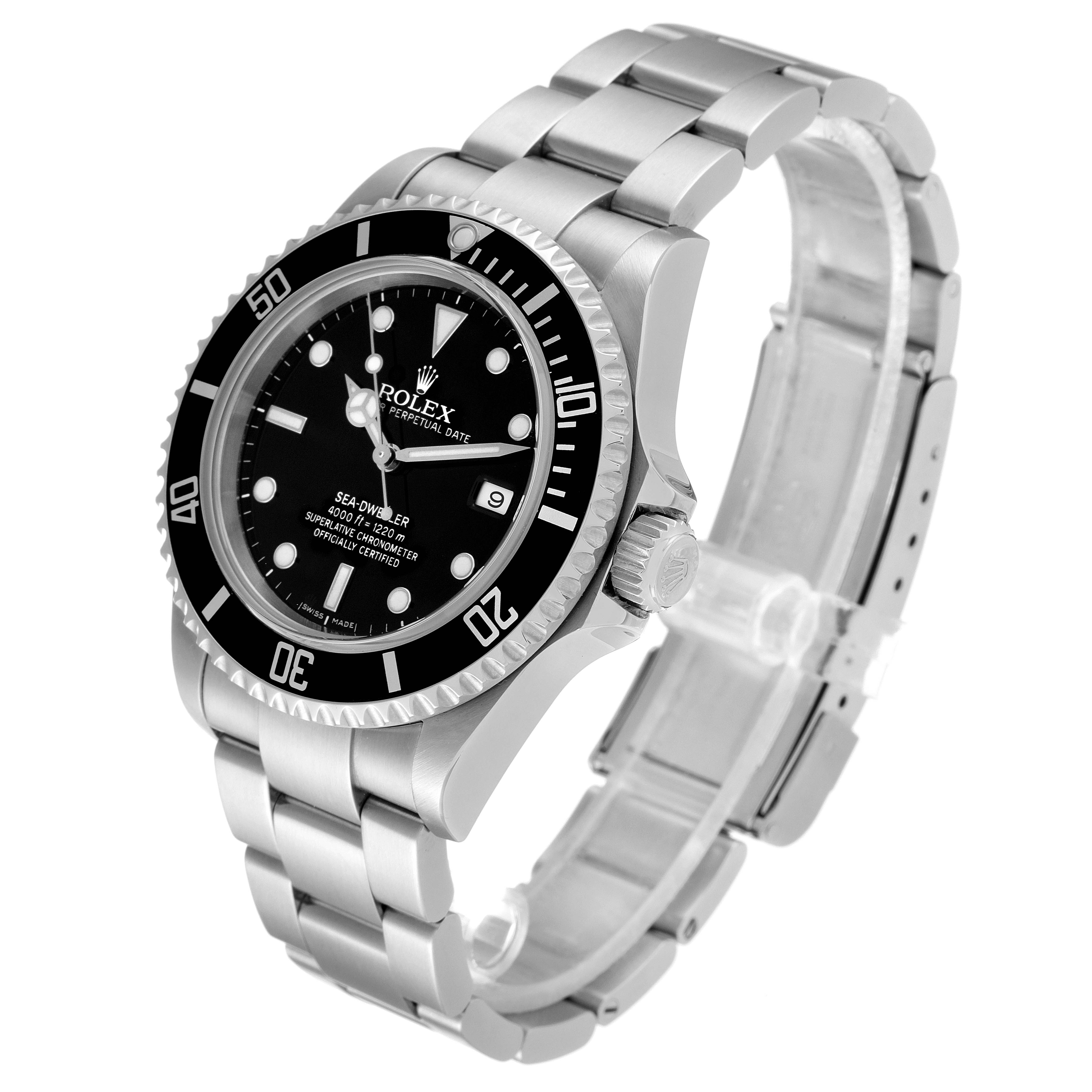 The image shows a three-quarter view of the Rolex Sea-Dweller 16600 Men's Stainless Steel Black Dial 16600 Men's Stainless Steel Black Dial, highlighting its bezel, dial, and bracelet.