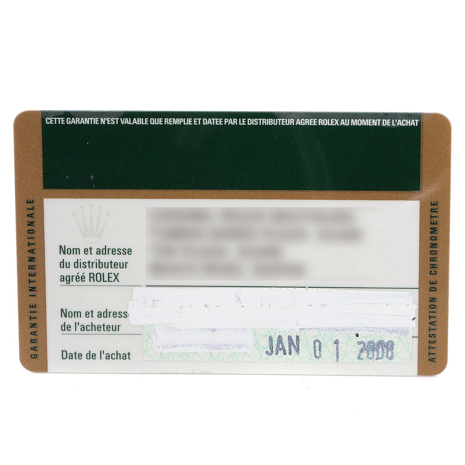 This image shows the warranty card for a Rolex Sea-Dweller 16600 Men's Stainless Steel Black Dial 16600 Men's Stainless Steel Black Dial watch, displaying purchase details and certification.