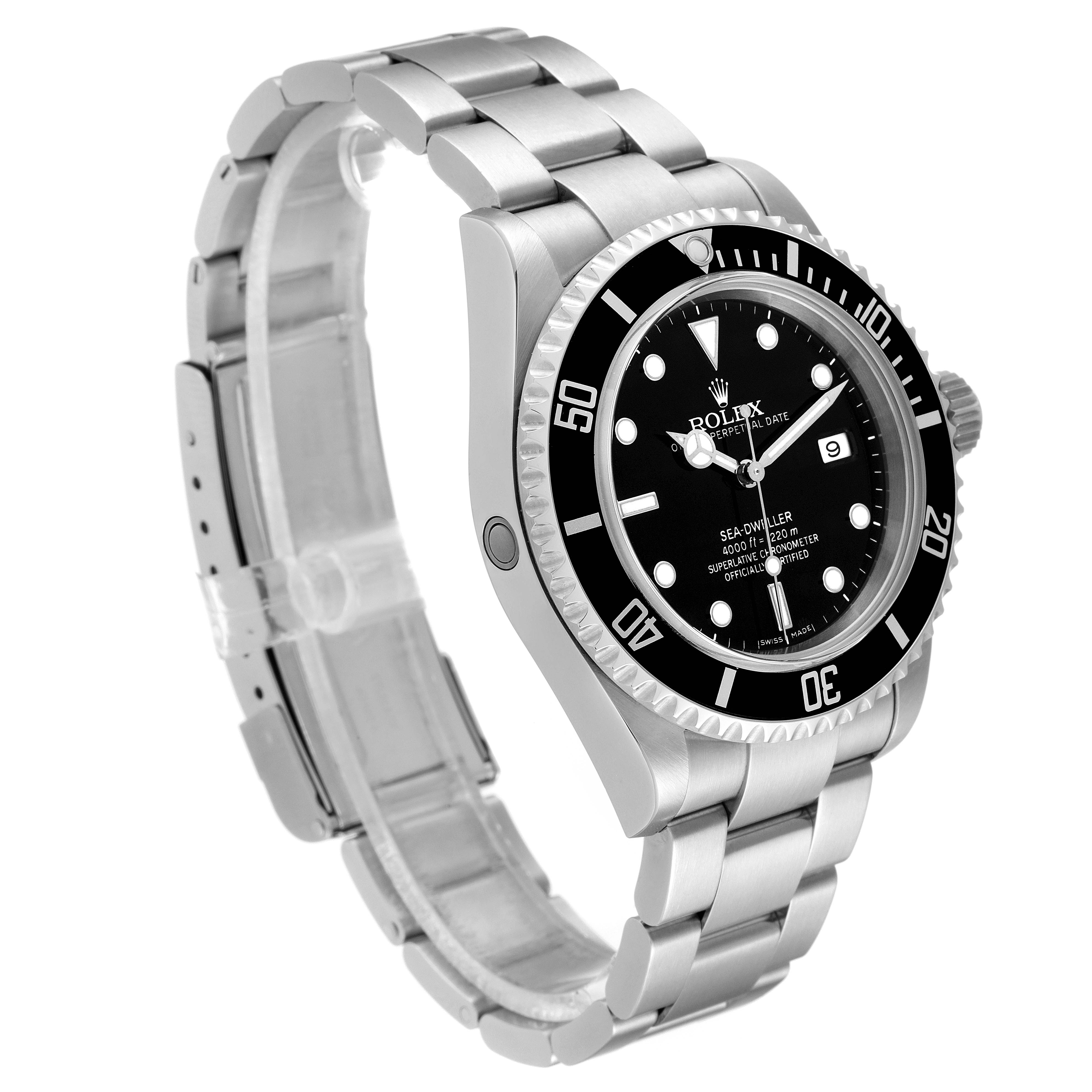 The image shows a Rolex Sea-Dweller 16600 Men's Stainless Steel Black Dial 16600 Men's Stainless Steel Black Dial watch from an angled side view, highlighting the bracelet, case, bezel, and dial.