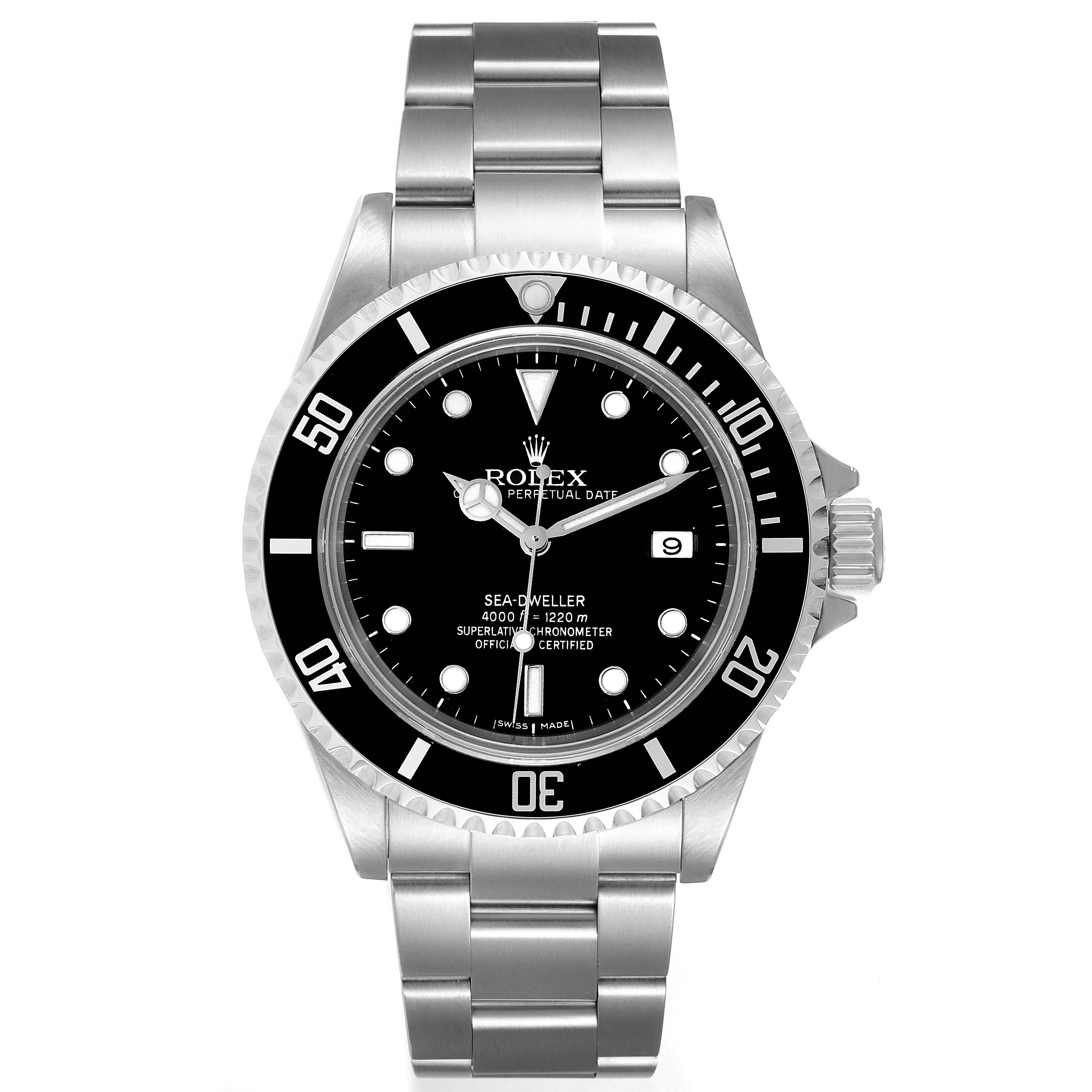 This image shows a front view of the Rolex Sea-Dweller 16600 Men's Stainless Steel Black Dial 16600 Men's Stainless Steel Black Dial watch, highlighting the dial, bezel, and bracelet.