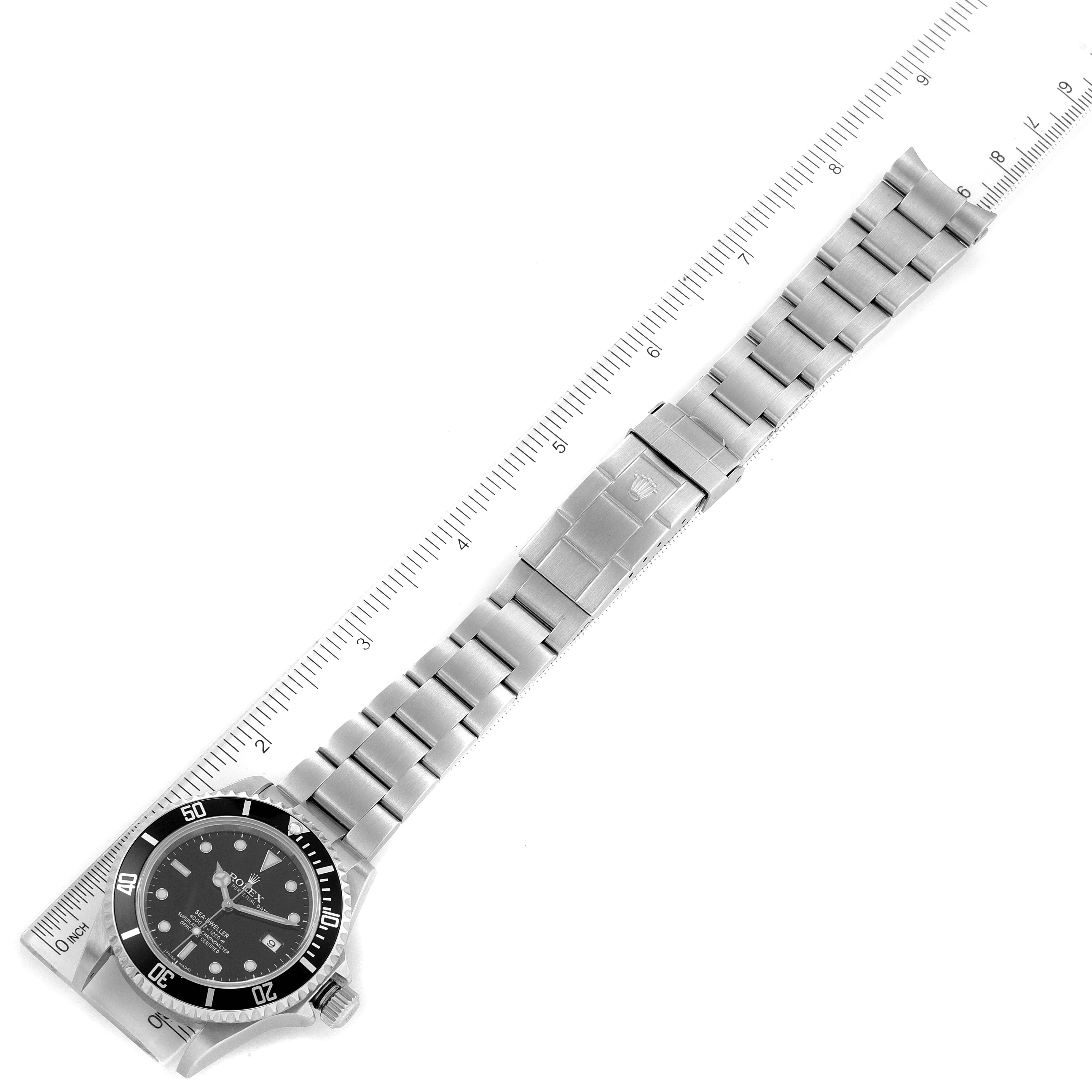 The image displays a top view of the Rolex Sea-Dweller 16600 Men's Stainless Steel Black Dial 16600 Men's Stainless Steel Black Dial watch, including the entire bracelet and the face of the watch.