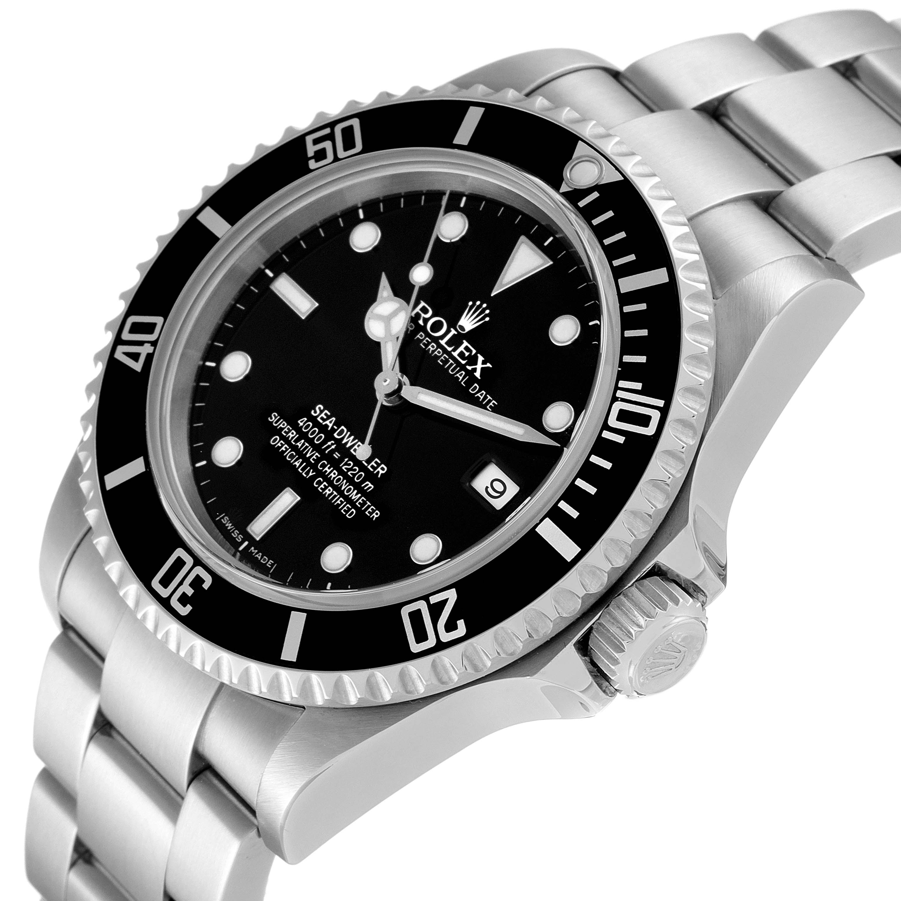 This Rolex Sea-Dweller 16600 Men's Stainless Steel Black Dial 16600 Men's Stainless Steel Black Dial watch is shown at an angled side view, highlighting its bezel, dial, crown, and bracelet.