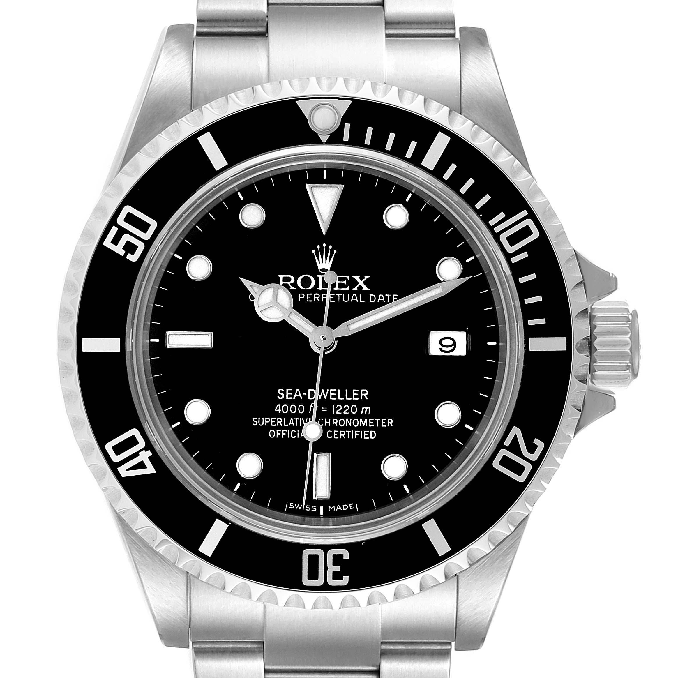 The image shows a frontal view of the Rolex Sea-Dweller 16600 Men's Stainless Steel Black Dial 16600 Men's Stainless Steel Black Dial watch, highlighting the bezel, dial, hands, and the crown.
