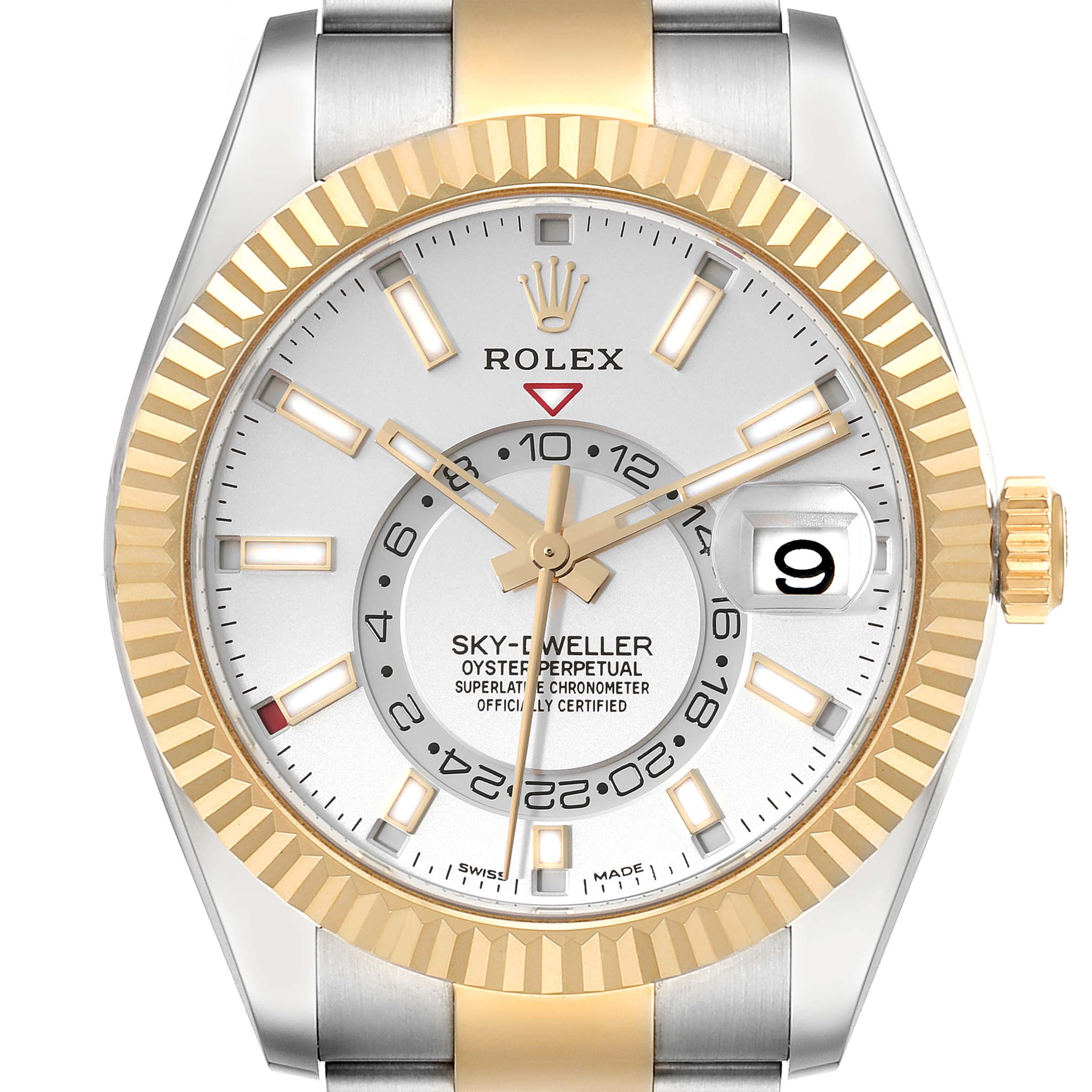 This image shows a front view of a Rolex Sky-Dweller 326933 Men
s Steel and Gold (two tone) White Dial 326933 Men
s Steel and Gold (two tone) White Dial watch, highlighting its face, gold bezel, crown, and part of the band.