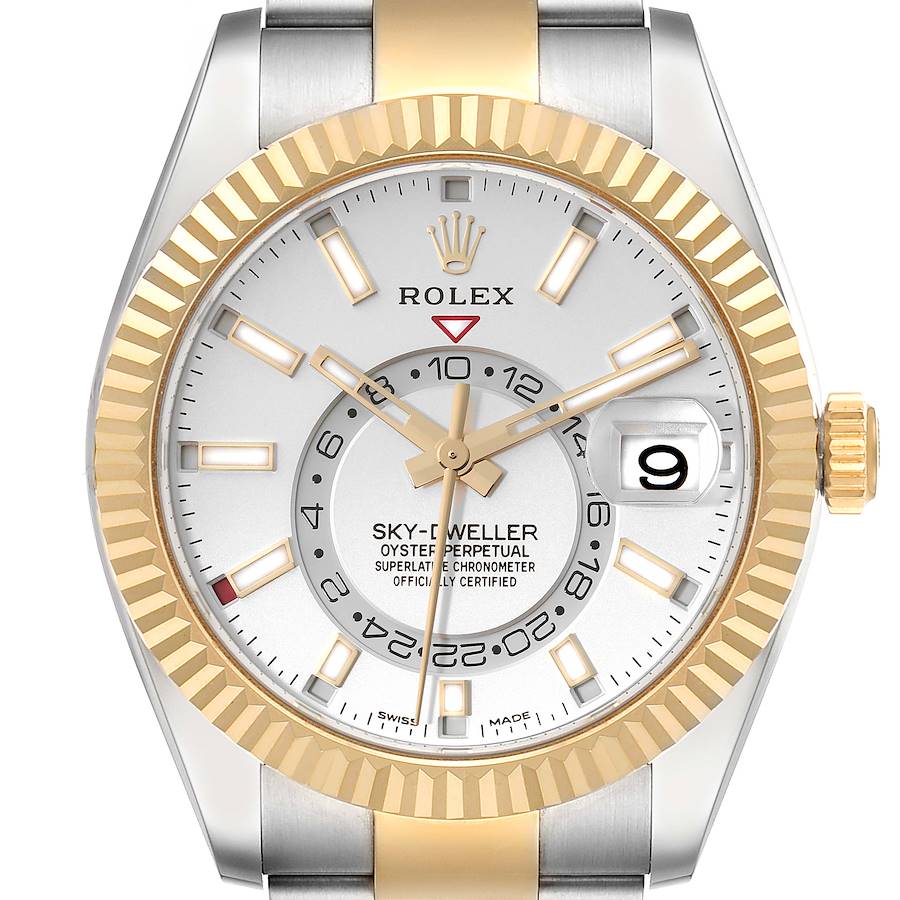 Rolex Sky Dweller Yellow Gold Steel White Dial Mens Watch 326933 Box Card + 1 Extra Link SwissWatchExpo