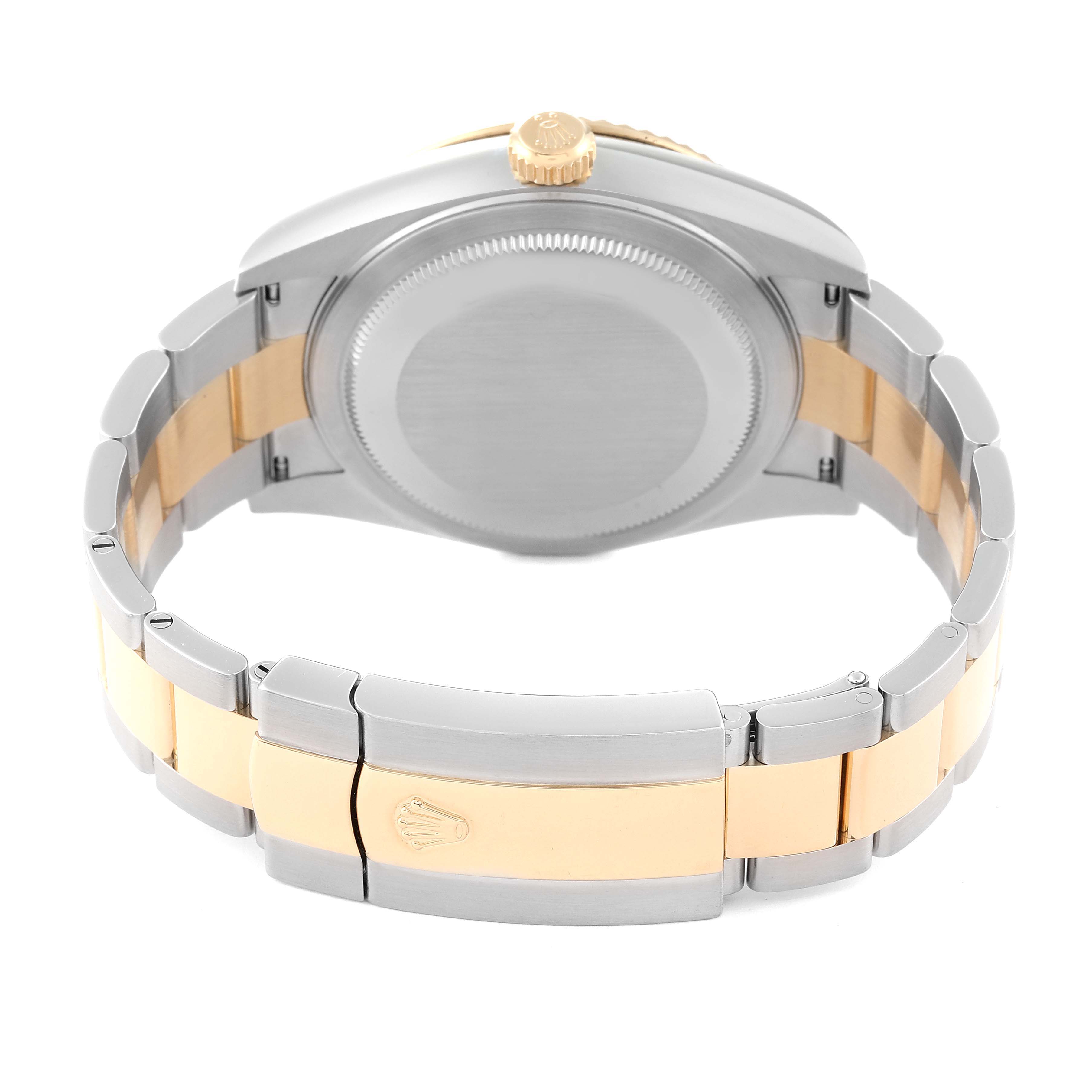 The image shows the back of a Rolex Sky-Dweller 326933 Men
s Steel and Gold (two tone) White Dial 326933 Men
s Steel and Gold (two tone) White Dial watch with its two-tone bracelet and clasp.