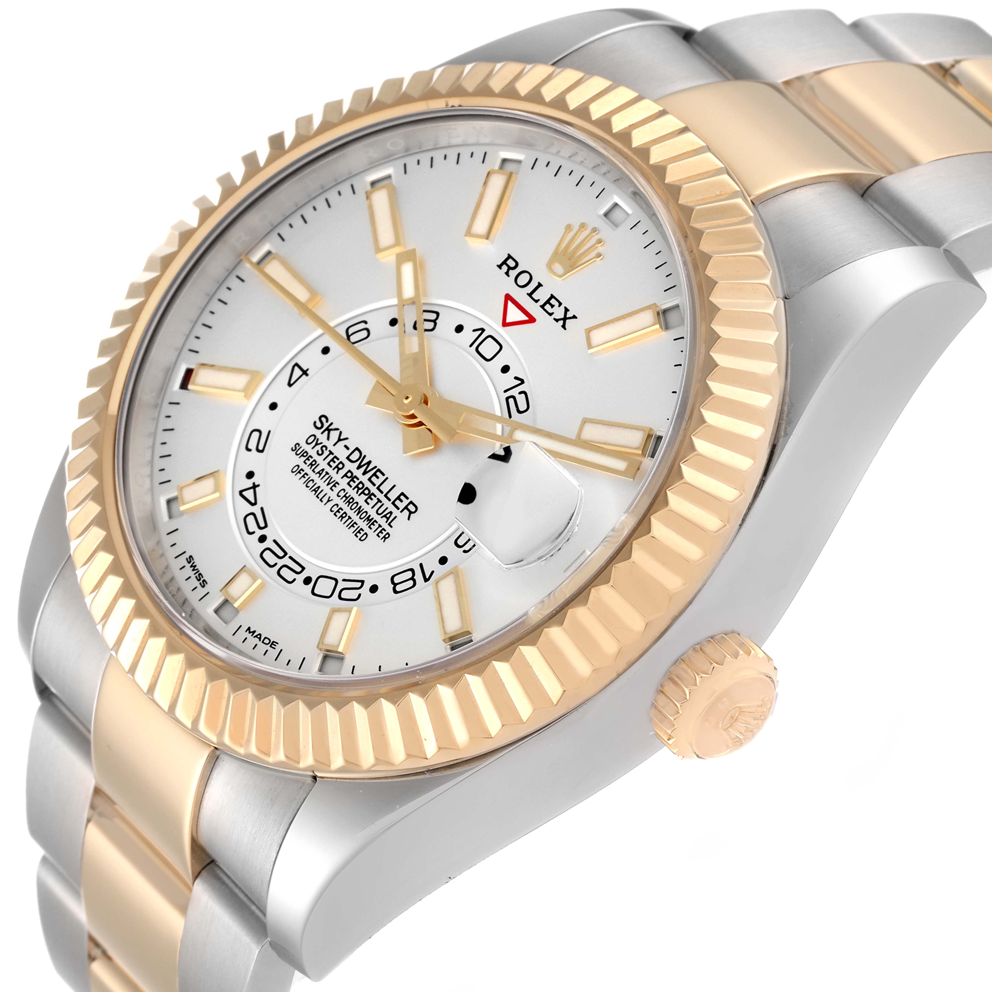 This Rolex Sky-Dweller 326933 Men
s Steel and Gold (two tone) White Dial 326933 Men
s Steel and Gold (two tone) White Dial model watch is shown from a front angle highlighting its face, bezel, and part of the bracelet.