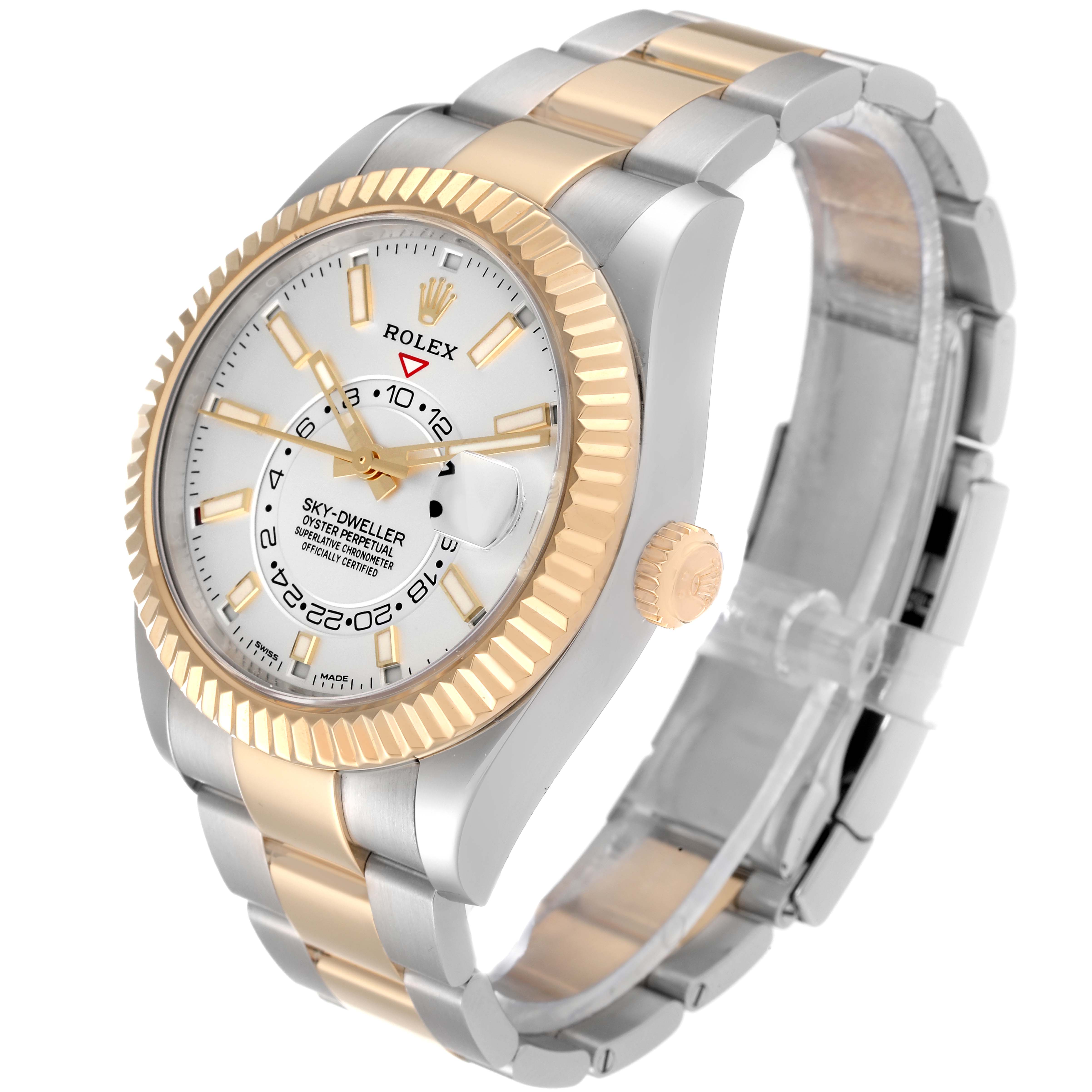The Rolex Sky-Dweller 326933 Men
s Steel and Gold (two tone) White Dial 326933 Men
s Steel and Gold (two tone) White Dial watch is shown from a front angle, displaying its dial, bezel, crown, and two-tone bracelet.