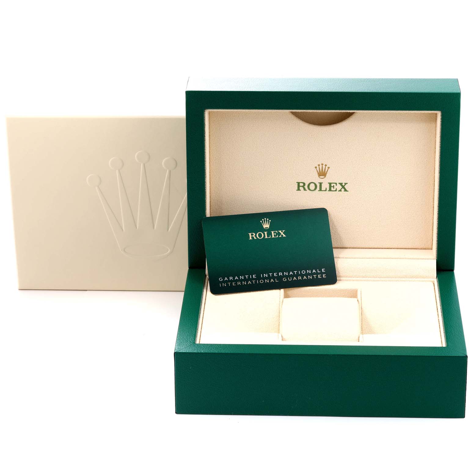 The image shows an open Rolex Sky-Dweller 326933 Men
s Steel and Gold (two tone) White Dial 326933 Men
s Steel and Gold (two tone) White Dial watch box and an international guarantee card angled towards the front.