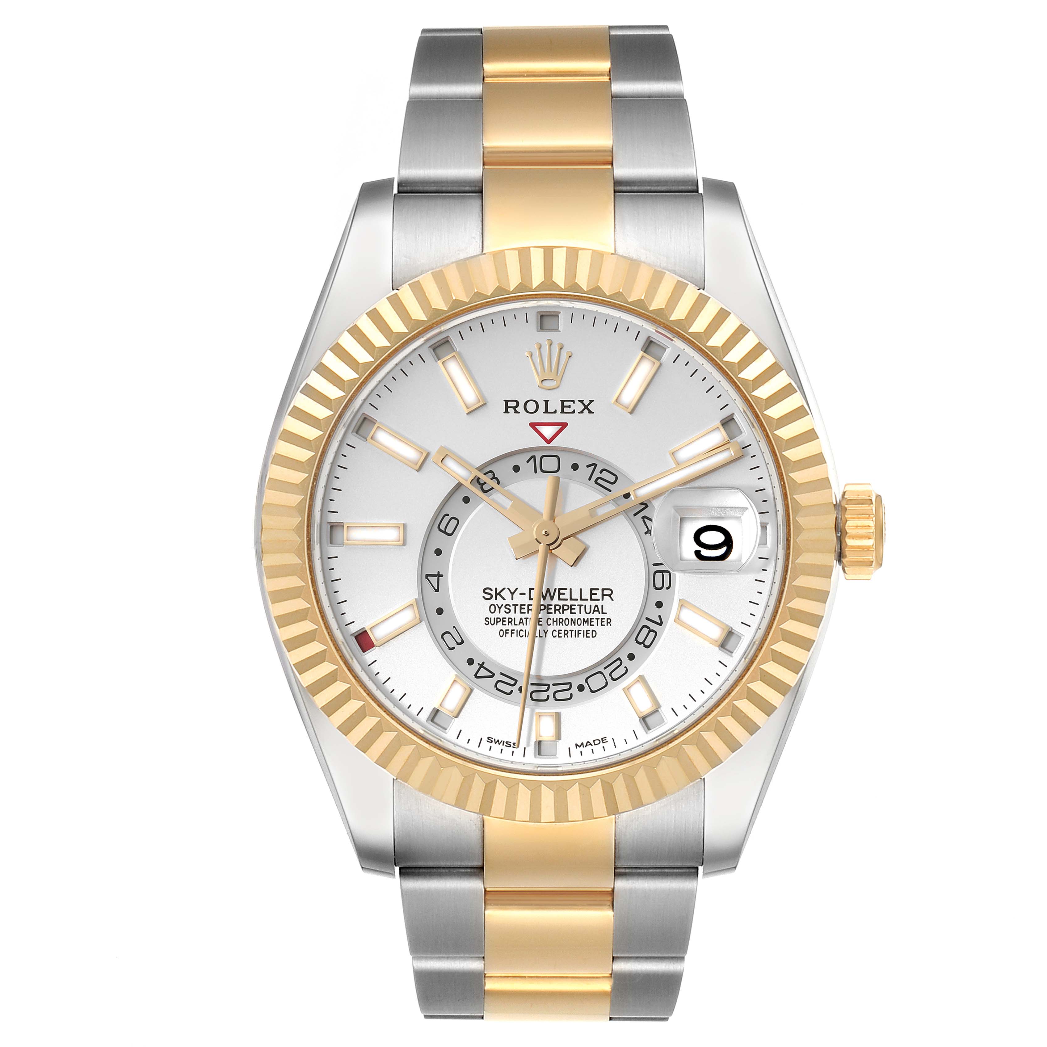 This Rolex Sky-Dweller 326933 Men
s Steel and Gold (two tone) White Dial 326933 Men
s Steel and Gold (two tone) White Dial watch is shown from a front angle, highlighting its dial, bezel, and two-tone bracelet.