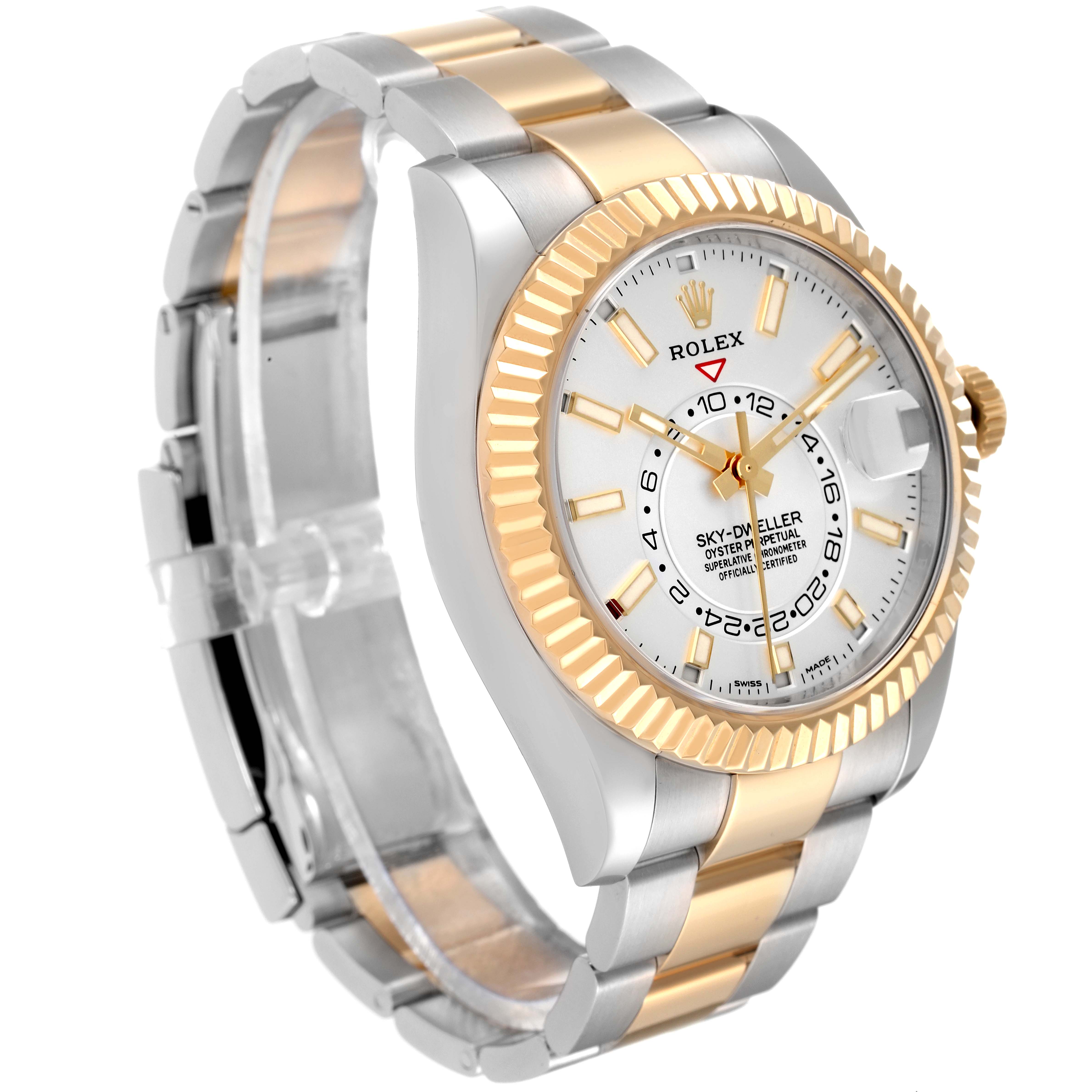 The image shows a Rolex Sky-Dweller 326933 Men
s Steel and Gold (two tone) White Dial 326933 Men
s Steel and Gold (two tone) White Dial watch at a slight side angle, highlighting its two-tone band, bezel, and face.